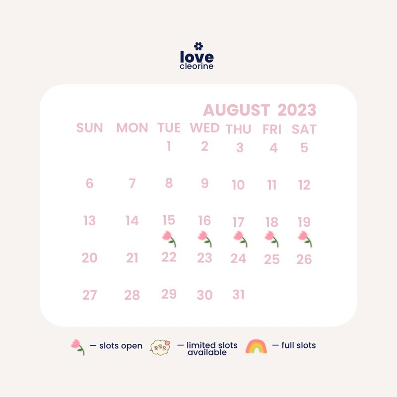 ⛲️ ⋆ ࣪. #CleoConquers┆Slots Update as of 11:35 PM, August 13, 2023.

August 15, 16, 17, 18, and 19—Slots are open. DMs are also open for tasks with long dues .ᐟ 

💌 . . . Kindly utilize the inquiry form. 
🦢 NO INQUIRY FORM = NO REPLY.