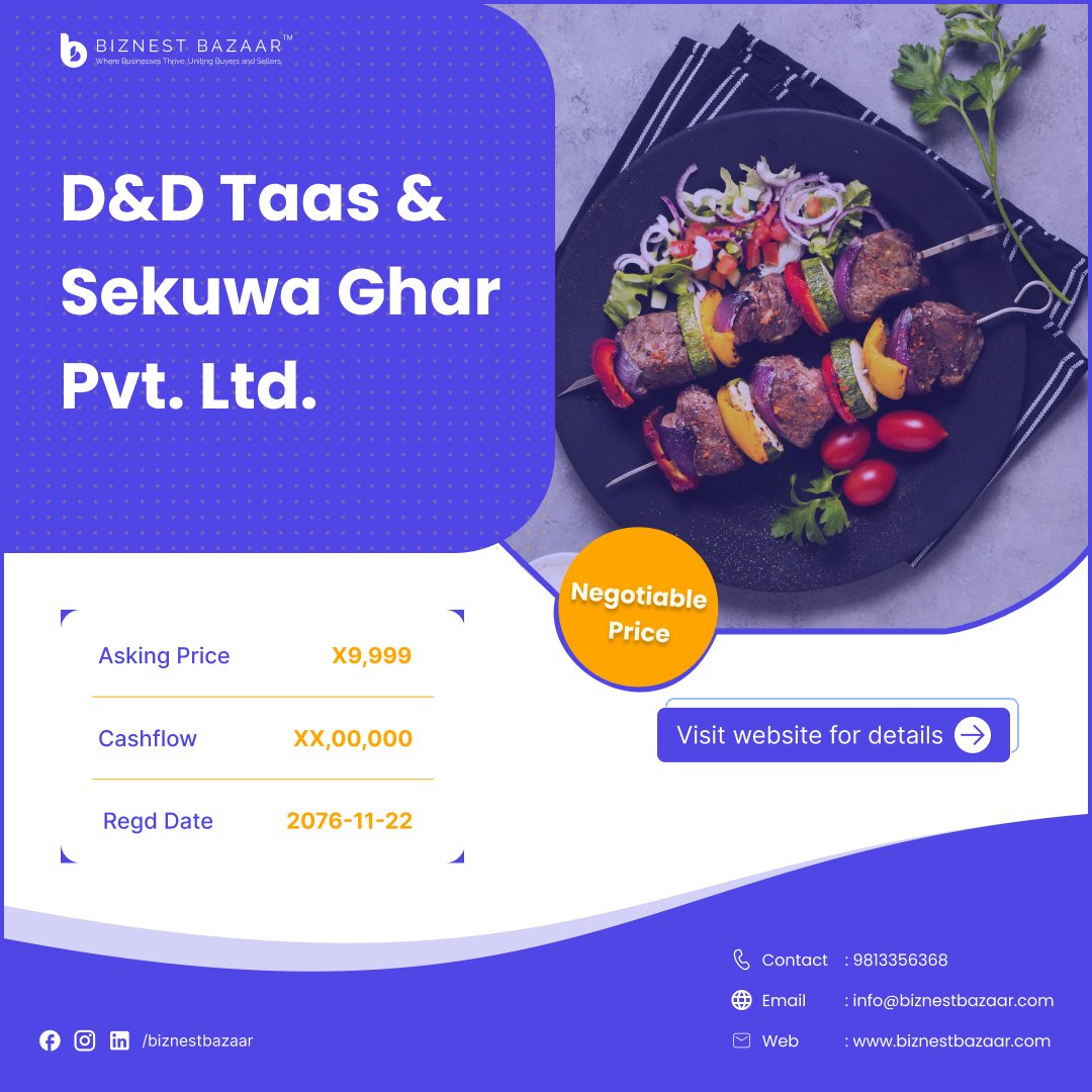 BiznestBazaar's tweet image. D&amp;amp;D Taas &amp;amp; Sekuwa Ghar Pvt. Ltd. on Sale !! Grab the opportunity 🎯

Business Link : biznestbazaar.com/browse/dd-taas…

👉 Connect. Buy. Sell | Business &amp;amp; Franchise with us !
#Biznest_Bazaar #DigitalNepal #GrowWithBiznest