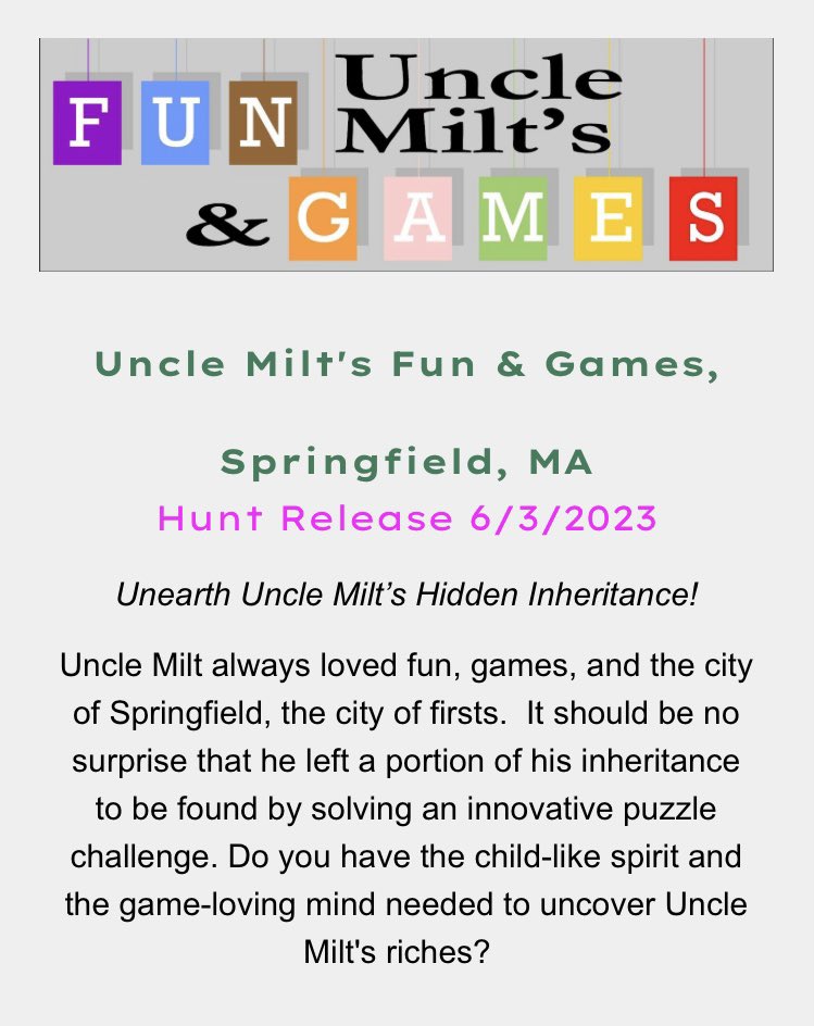 HuntTownApp1's tweet photo. An outdoor escape game is the perfect way to spend the day with six hunts to choose from! The challenging no-hints hunts are Nashua or Springfield. The more relaxed. play at your own pace hunts are in Littleton, NH, Eastham, Westford or Ayer. Happy hunting! #daytripadventure https://t.co/mteLEWxgqm