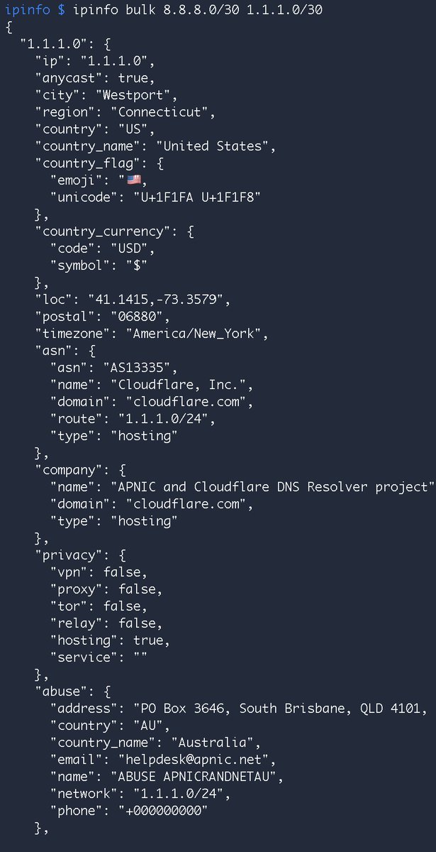 ipinfo's tweet image. Quickly look up the IP details of multiple CIDRs with the bulk option! 🚀

1️⃣ Get your ✨FREE✨ access token and 50,000 monthly API requests:
👉 🔗 ipinfo.io/signup

2️⃣ Install IPinfo&apos;s CLI now 👉 github.com/ipinfo/cli

#IPdata #IPgeolocation