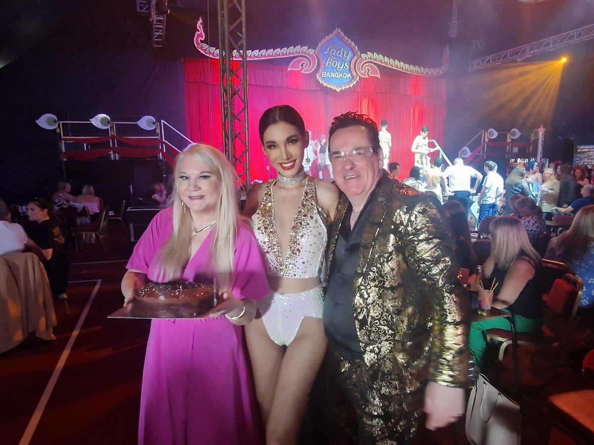 zandsaffire's tweet photo. @EdinburghLive_  TV reality star Saffire recently turned 60 &amp; was presented with a huge birthday cake from the lady boys of bangkok @TheLadyBoys and it was a complete surprise when she attended the show in #Edinburgh on Saturday with her husband Z and thanked the manager Sandra https://t.co/wqo9maApPn
