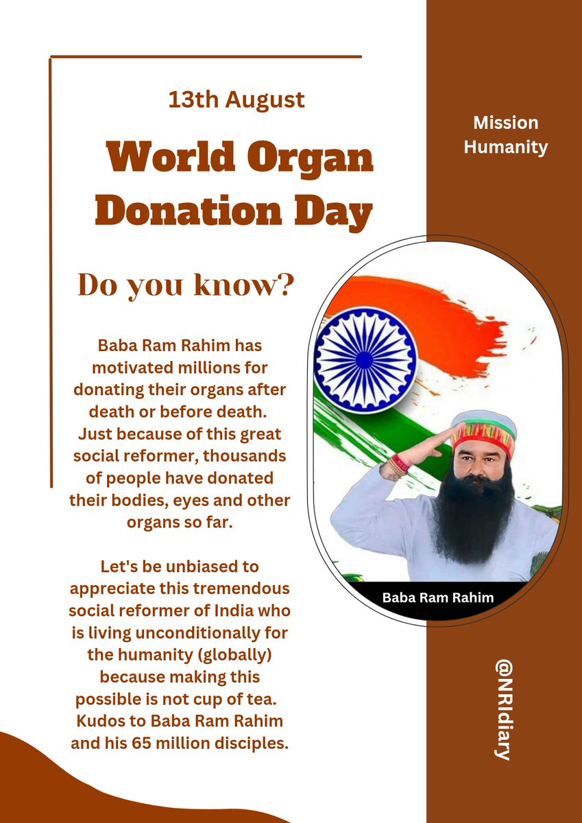 13th August | #WorldOrganDonationDay

Do you know this outstanding fact about an Indian social reformer.
This is just one welfare mission. Same like this, 157 welfare missions are being run unconditionally by this legend. Kudos!
#missionhumanitybybabaramrahim #सच्चा_देशप्रेम <a href="/ANI/">ANI</a>