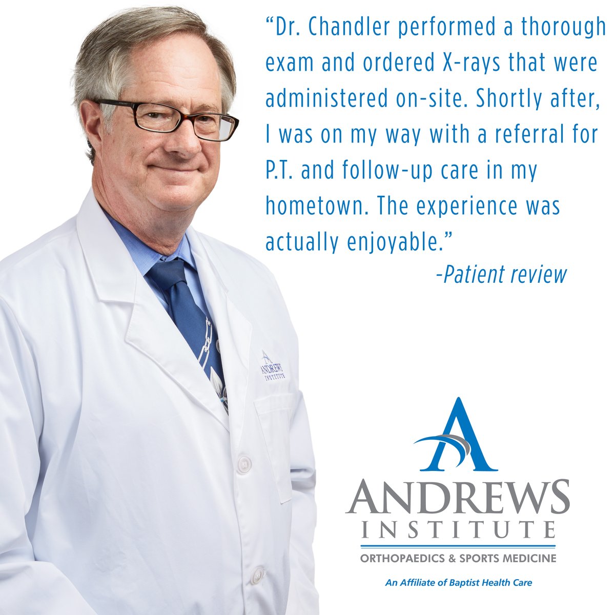 Terrific! To learn more about Dr. David Chandler or schedule an appointment, visit his profile page at ow.ly/qb9650NPghO. #andrewsinstitute #sportsmedicine #orthopedics #nwfl #patientfeedback