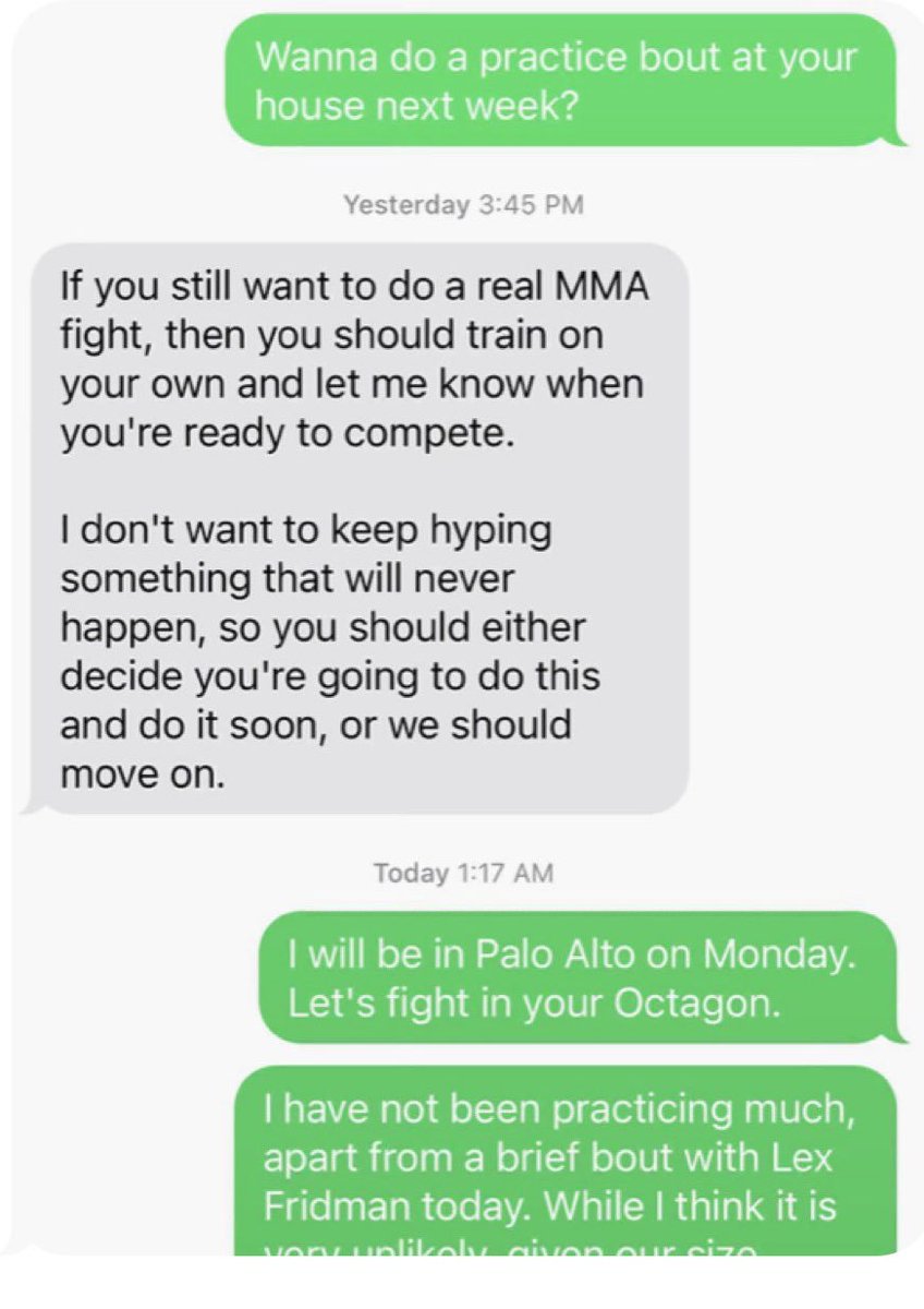 WatcherGuru's tweet image. JUST IN: Elon Musk texted Mark Zuckerberg about their upcoming fight.

Zuck: "I don’t want to keep hyping something that will never happen."

@ElonMusk: "I will be in Palo Alto on Monday. Let’s fight in your Octagon.."
