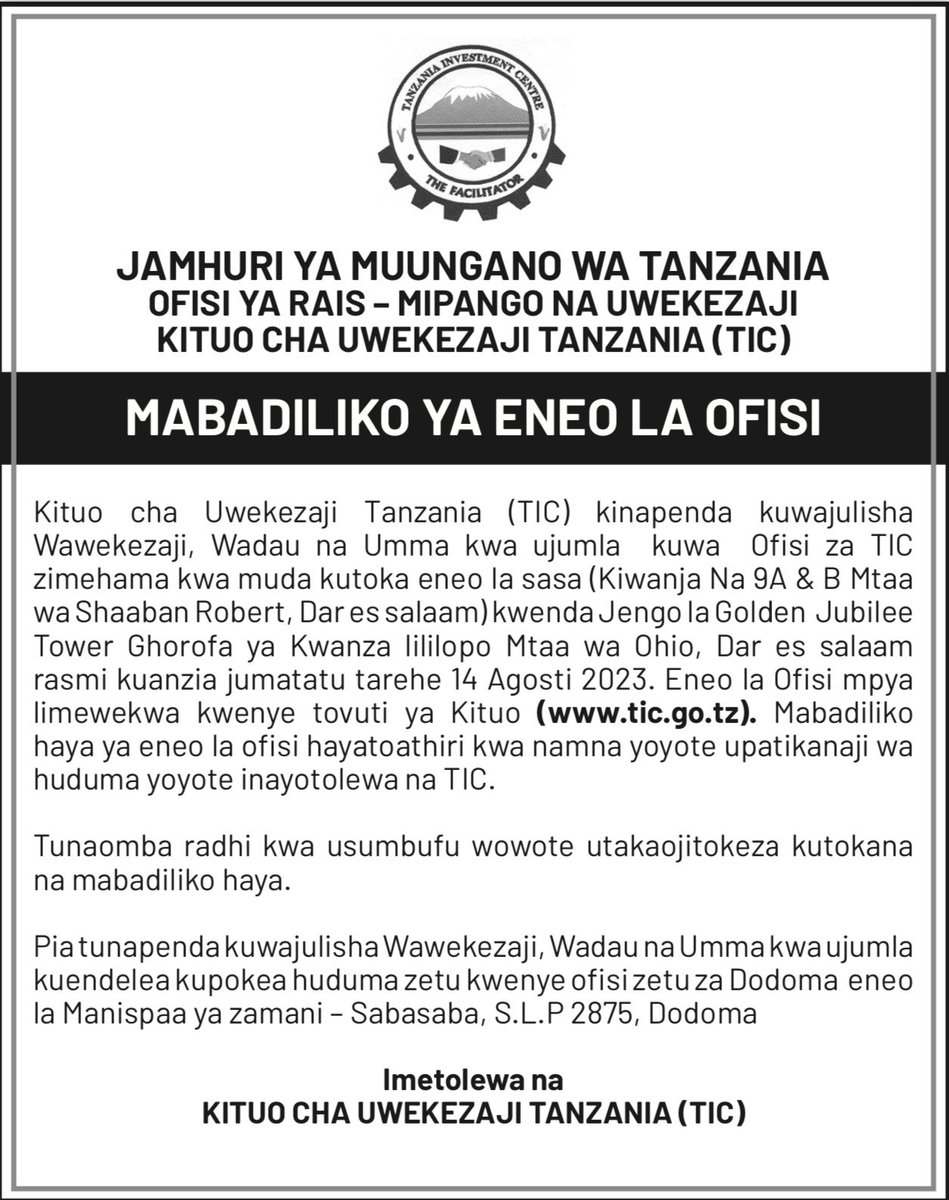 InvestTanzania's tweet photo. Mabadiliko ya eneo la ofisi!

#goldenjubileetower 
#ohiostreet https://t.co/3GBs96t7HR