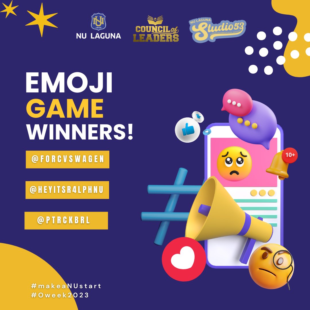 NULagunaPH's tweet photo. Again, congratulations to the winners of our games! π₯³
Our team will contact you on how you can claim your prize. πππ
#makeaNUstart #OWeek2023 https://t.co/2IDjWvG7Yf