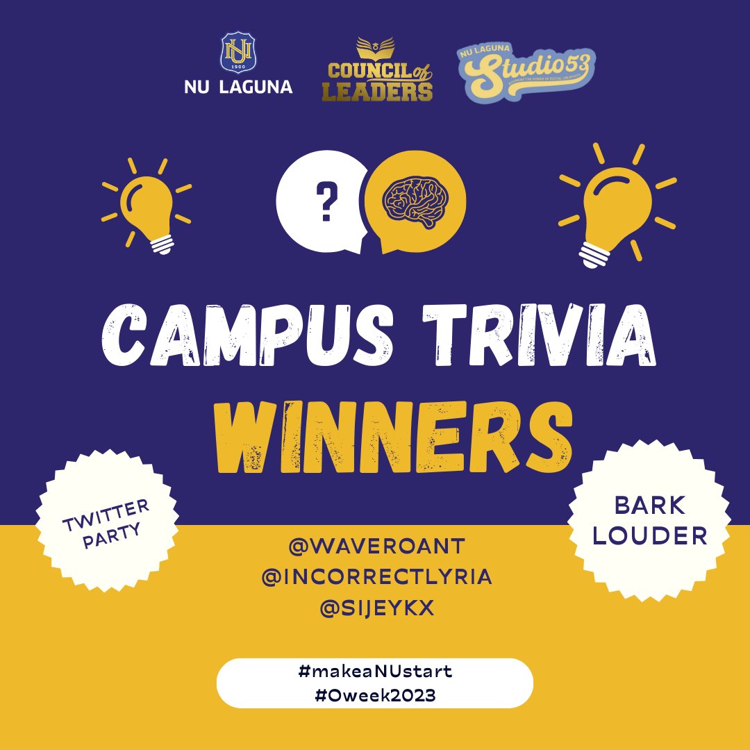 NULagunaPH's tweet photo. Again, congratulations to the winners of our games! π₯³
Our team will contact you on how you can claim your prize. πππ
#makeaNUstart #OWeek2023 https://t.co/2IDjWvG7Yf