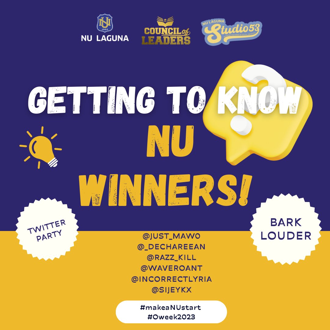 NULagunaPH's tweet photo. Again, congratulations to the winners of our games! π₯³
Our team will contact you on how you can claim your prize. πππ
#makeaNUstart #OWeek2023 https://t.co/2IDjWvG7Yf