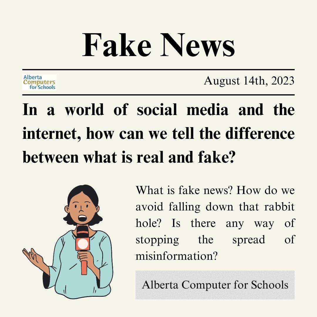 CFS_Alberta's tweet image. This week, Alberta Computers for Schools will be covering the basics of Fake News so you feel more confident in how to deal with it if it ever comes across your feed!

#misinformation #fakenews #howtotell