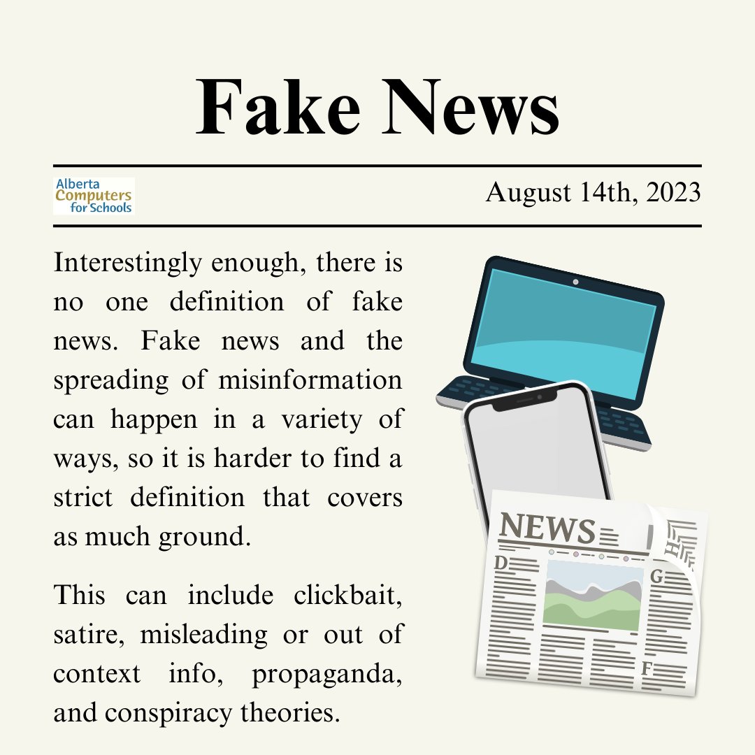 CFS_Alberta's tweet image. This week, Alberta Computers for Schools will be covering the basics of Fake News so you feel more confident in how to deal with it if it ever comes across your feed!

#misinformation #fakenews #howtotell