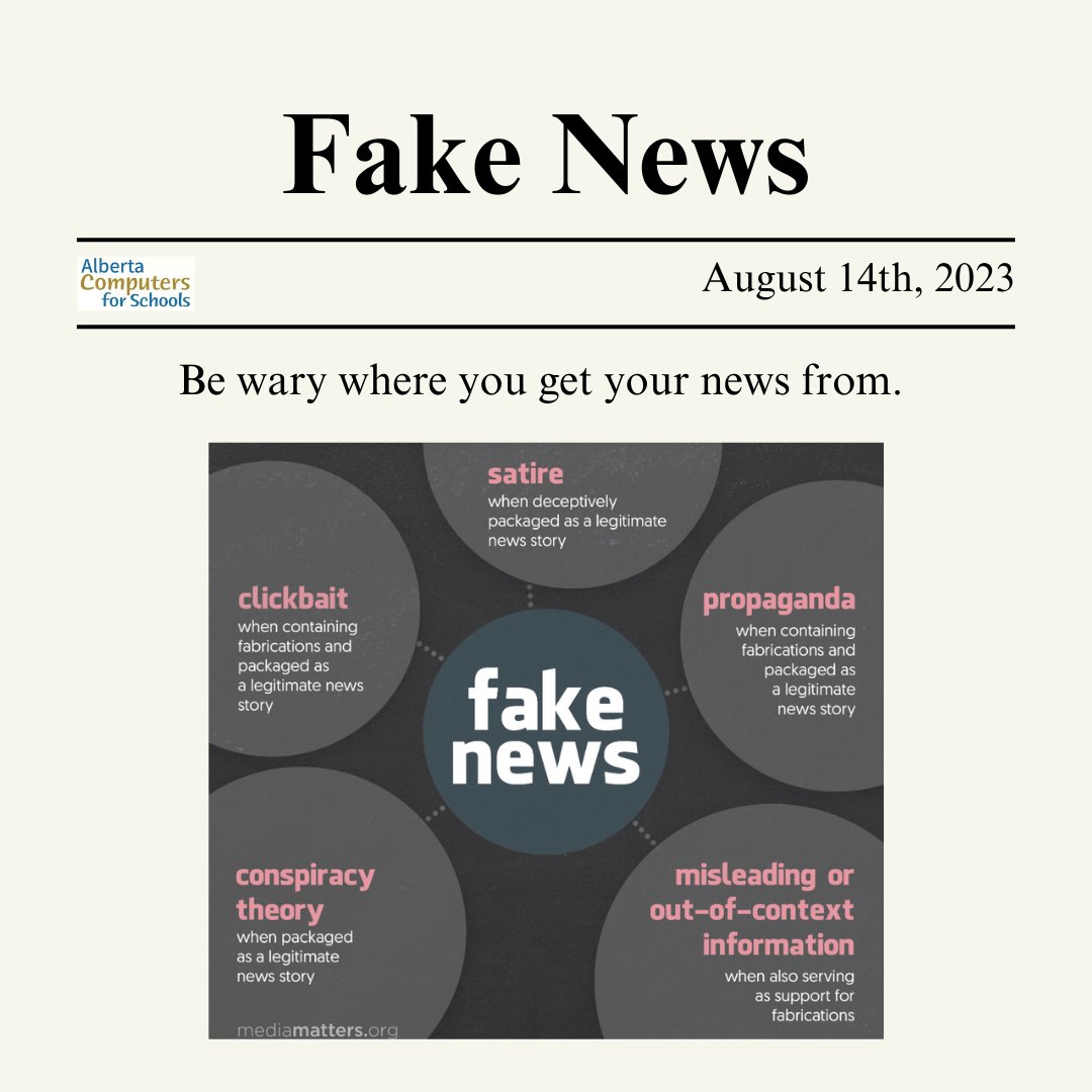 CFS_Alberta's tweet image. This week, Alberta Computers for Schools will be covering the basics of Fake News so you feel more confident in how to deal with it if it ever comes across your feed!

#misinformation #fakenews #howtotell