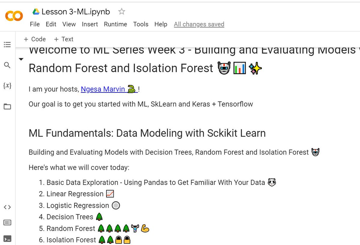 Ngesa254's tweet photo. @GDGCloudMbarara @RisingSayak @martin_gorner @haifeng_jin @ariG23498 @soumikRakshit96 @GDG_Nairobi 📚 Week 3 #ML series w/@GDGCloudMbarara is🎉 DONE!🎊

🛠️We covered #ML algorithms such as Decision Trees 🌲, Random Forest 🌲🌲🌲 &amp;
Isolation Forest 🌲🌲🔒🔒. We also implemented the same on Colab using @scikit_learn 

Thanks for joining!  
#MLBytes 
#KerasDay #Keras #KerasCV https://t.co/sTSnZjbAkb