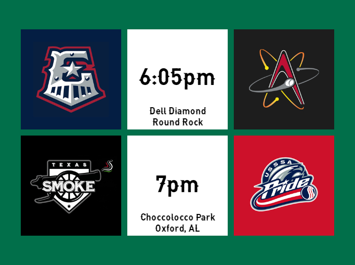 📅GAMEDAY📅

⚾️ @RRExpress at 6:05pm (Home from Dell Diamond)
🥎 @thetexassmoke Game 2 at 7pm (From Choccolocco Park)

#ATX #RRExpress #DefendThe512