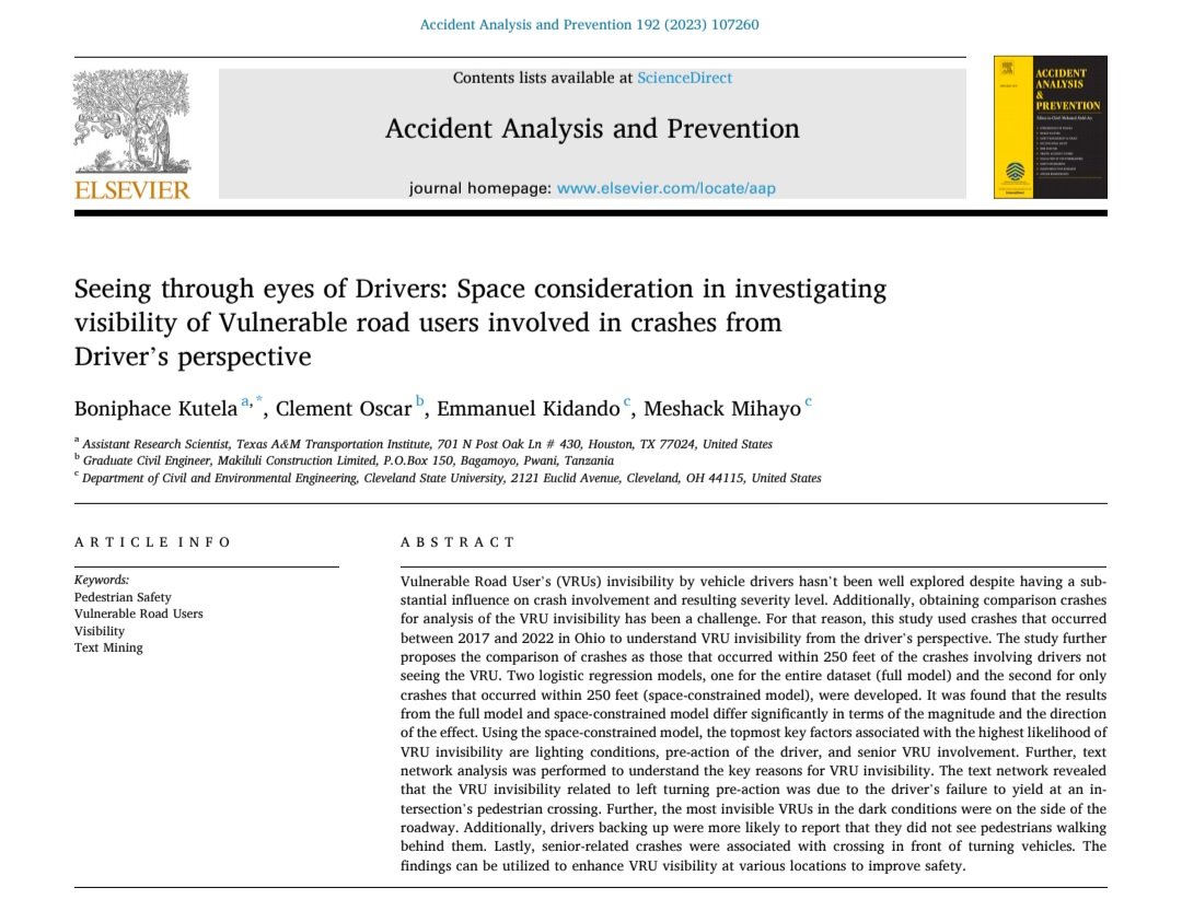 BoniKutela's tweet photo. 🚨🚨🚨New Article Published🚨🚨🚨
If you are interested to know why would drivers state that they did not see peds/bikers before a crash, this is the article to read. Special thanks to my co-authors. #Researchpaper #safety #pedestrians. Full paper https://t.co/1JXyYQe0K8 https://t.co/UxYHXAzGdX