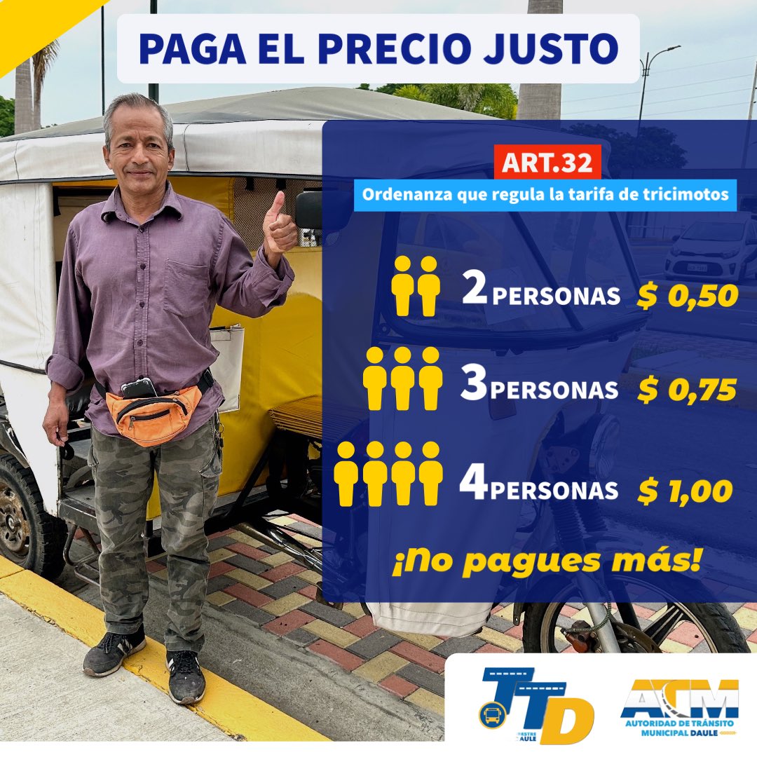 TerminalDeDaule's tweet photo. ¡No pagues más, paga lo justo! 😀👍🏻 Estas son las tarifas de las tricimotos según ordenanza. 

#ATMDaule #Daule #tricimotos https://t.co/ojBoL960sT
