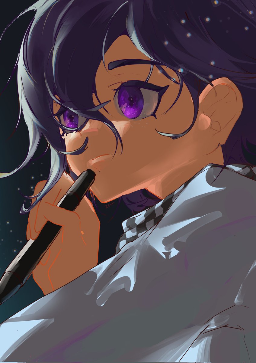ouma kokichi 1boy male focus solo bangs purple eyes holding checkered clothes  illustration images