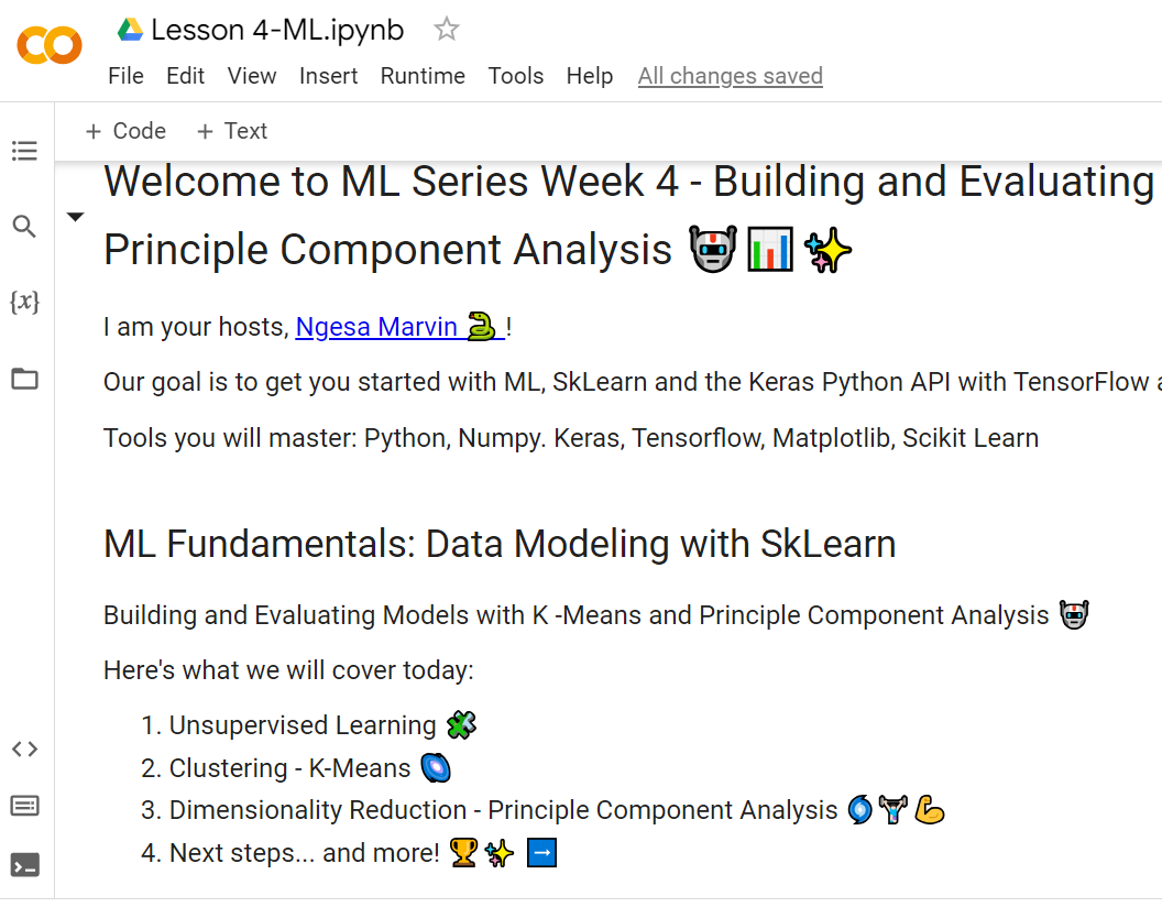 Ngesa254's tweet photo. @GDGCloudMbarara @RisingSayak @martin_gorner @haifeng_jin @ariG23498 @soumikRakshit96 @GDG_Nairobi @scikit_learn @WesKambale 📚 Week 4 #ML series w/ @GDGCloudMbarara
is 🌸 DONE!🎊

Since we didn't do a session last week, we covered  this weeks content as well: Unsupervised Learning 🧩 Clustering with K-Means and🌌 Principle Component Analysis 🌀🏋🏻‍♀️💪

#MLBytes  
#Keras #KerasCV
#KerasDay
#VertexAI https://t.co/JmFZxov813