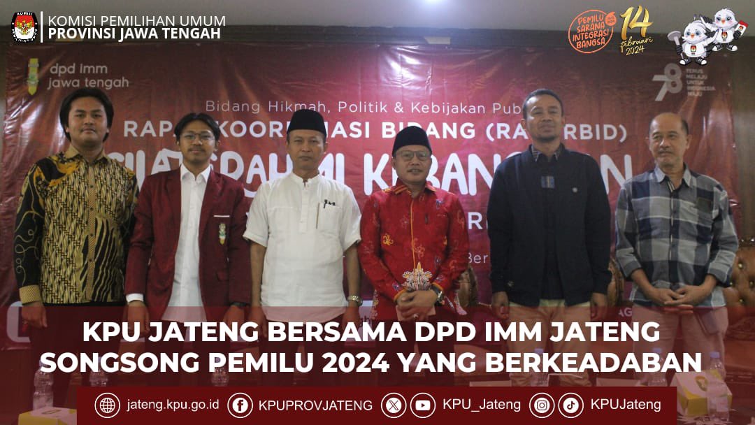 KPU_Jateng's tweet photo. #TemanPemilih Sabtu, 12 Agustus 2023, Kadiv. Divisi SDM dan Litbang,M. Taufiqurrohman menjadi Narasumber dalam acara Silaturahmi Kebangsaan dan Deklarasi Pemilu Berkeadaban yang diadakan oleh DPD Ikatan Mahasiswa Muhammadiyah (IMM) Jawa Tengah. https://t.co/6dGyla5yYu