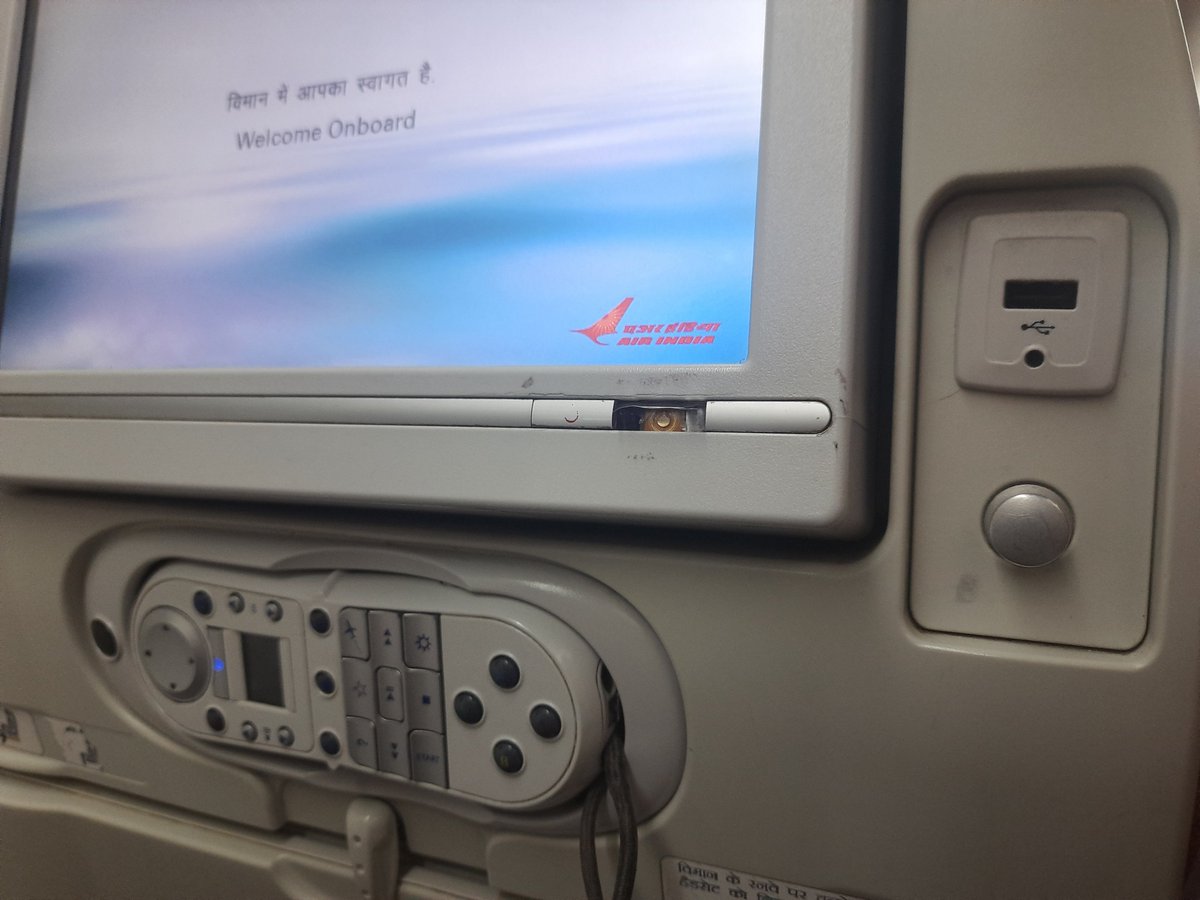 ChiragSMoro's tweet photo. Extremely poor flight via @airindia from Delhi to Tokyo on 5th August 2023. No response to my complaint as well. Infotainment screen not working (cabin crew were of no help), buttons broken, seat did not recline, USB charger missing, broken tray table, dirty cabin. https://t.co/Ca2FqT42aT