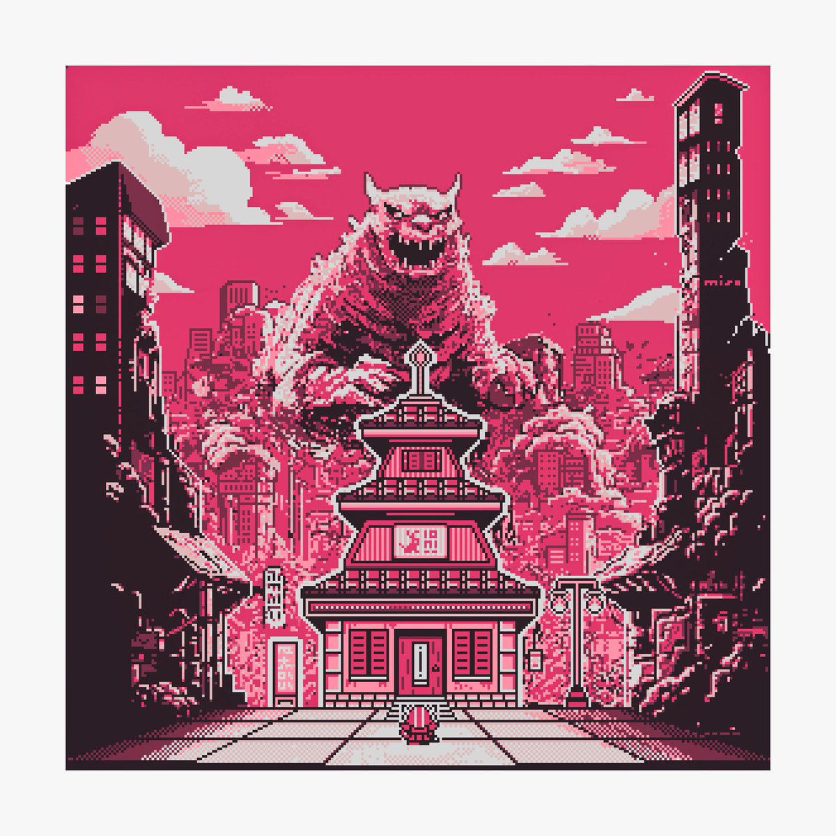 Hello ! Voici mon nouveau #pixelart  dans un esprit Japon apocalyptique #kaiju #godzilla #8bit #japon