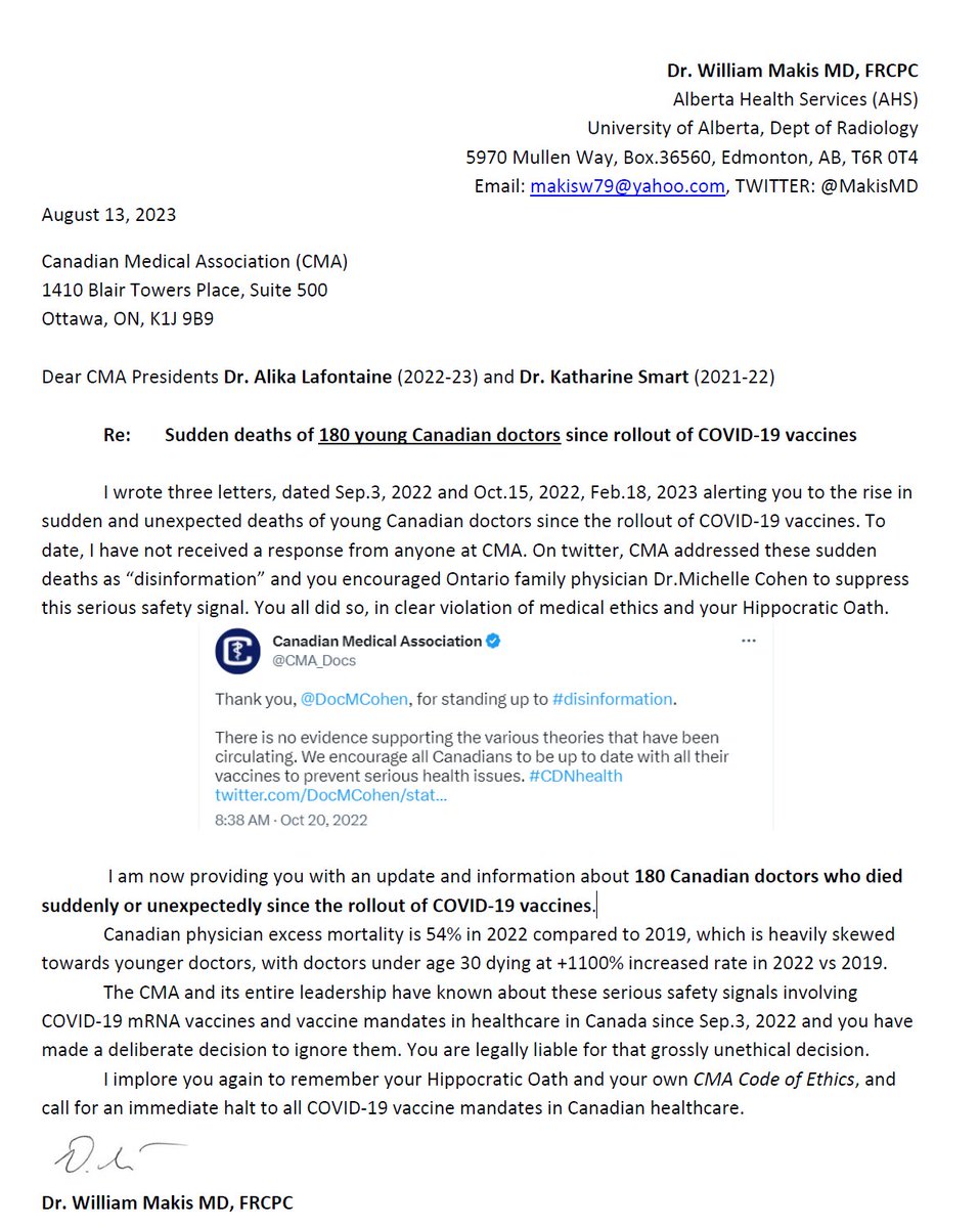 .@MakisMD of Alberta Health Services, notified <a href="/CMA_Docs/">Canadian Medical Association</a> about 180 Canadian doctors who died suddenly and unexpectedly after rollout of mandated C19vax.  No response after 3 letters.  #courageousdiscourse <a href="/VaccineChoiceCA/">Vaccine Choice Canada</a> <a href="/twc_health/">The Wellness Company</a> @TWCCanadaHealth <a href="/DrTrozzi/">Dr Mark Trozzi MD</a> <a href="/RochagneK/">Dr Rochagné Kilian MBChB,CCFP EM</a>