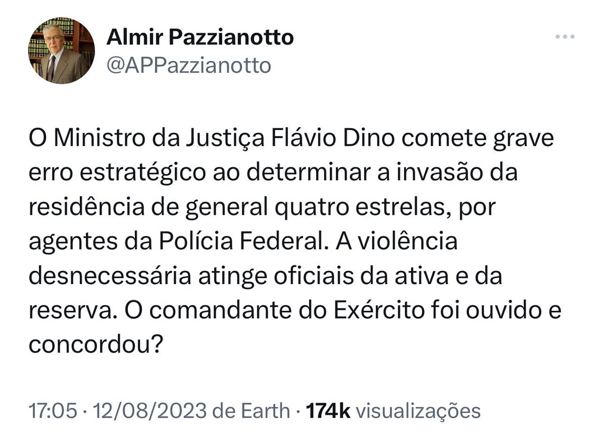 1. A busca e apreensão foi determinada pelo Poder Judiciário, e não pelo Ministro da Justiça.
2. A lei não exige nem faria o menor sentido ouvir o comandante do Exército antes de realizar a busca e apreensão.
3. A quantidade de ⭐️ de um general é absolutamente irrelevante numa