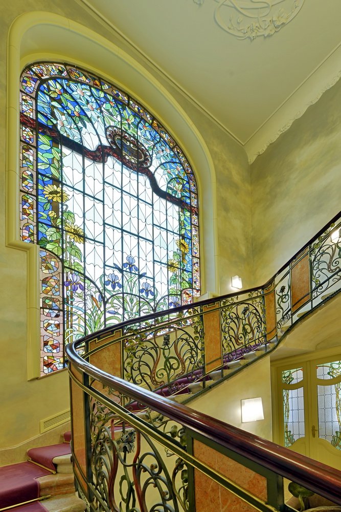 Window and staircase in the Art Nouveau Körössy Villa in Budapest, Hungary, built in 1899.