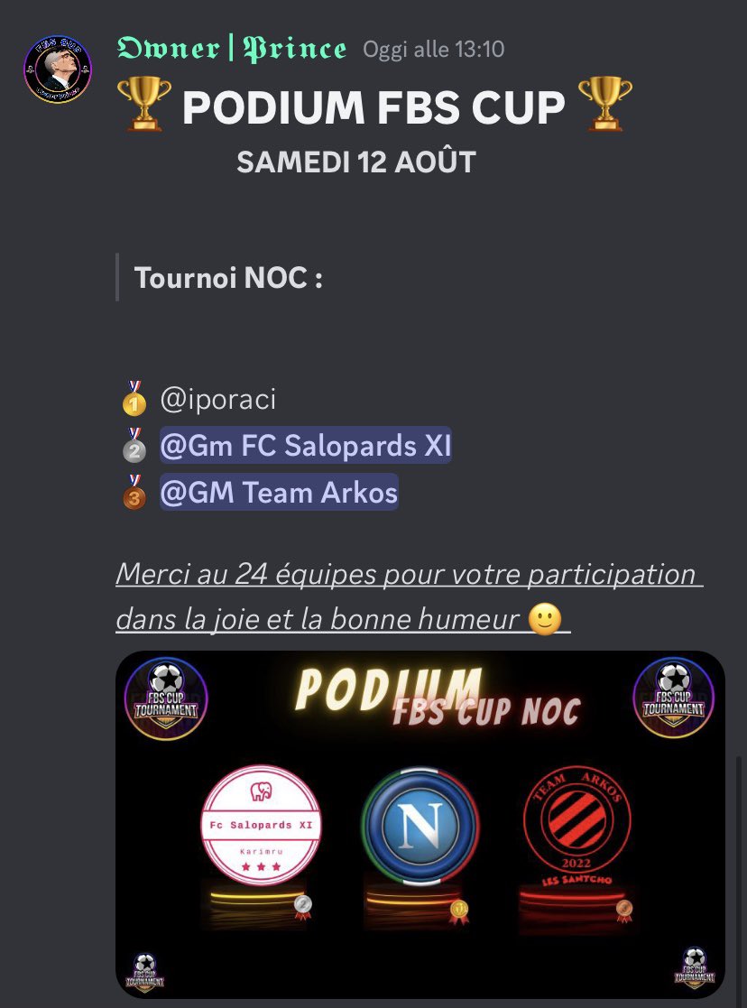 Grazie a tutti i partecipanti per la bella serata💪🏻🤝
Gk: <a href="/jonnycape96/">Lupin_le_voleur</a> 
CS: <a href="/GennyMasto/">◽entro_a_forbice◽</a> / @garreffa_n91223 
Dc: <a href="/fraguerriero89/">Francesco D'aloisi</a> 
Cd: <a href="/giovanni16_izzo/">Giovanni Izzo</a> 
Cdc: @Sgarrubat1926 
Ccs: <a href="/IvanZocc/">IvanZocc</a> 
Ccd: <a href="/demartino7/">Mariovilla7</a> 
Es: <a href="/DARK_F4BR1/">Dark_fabri</a> 
Ed: <a href="/FaZeGio05/">𝔽𝕒ℤ𝕖-𝔾𝕚𝕠𝟘𝟝</a> 
Att: <a href="/x_Davide9/">x_Davide9</a> 
Att: @X_Drhme