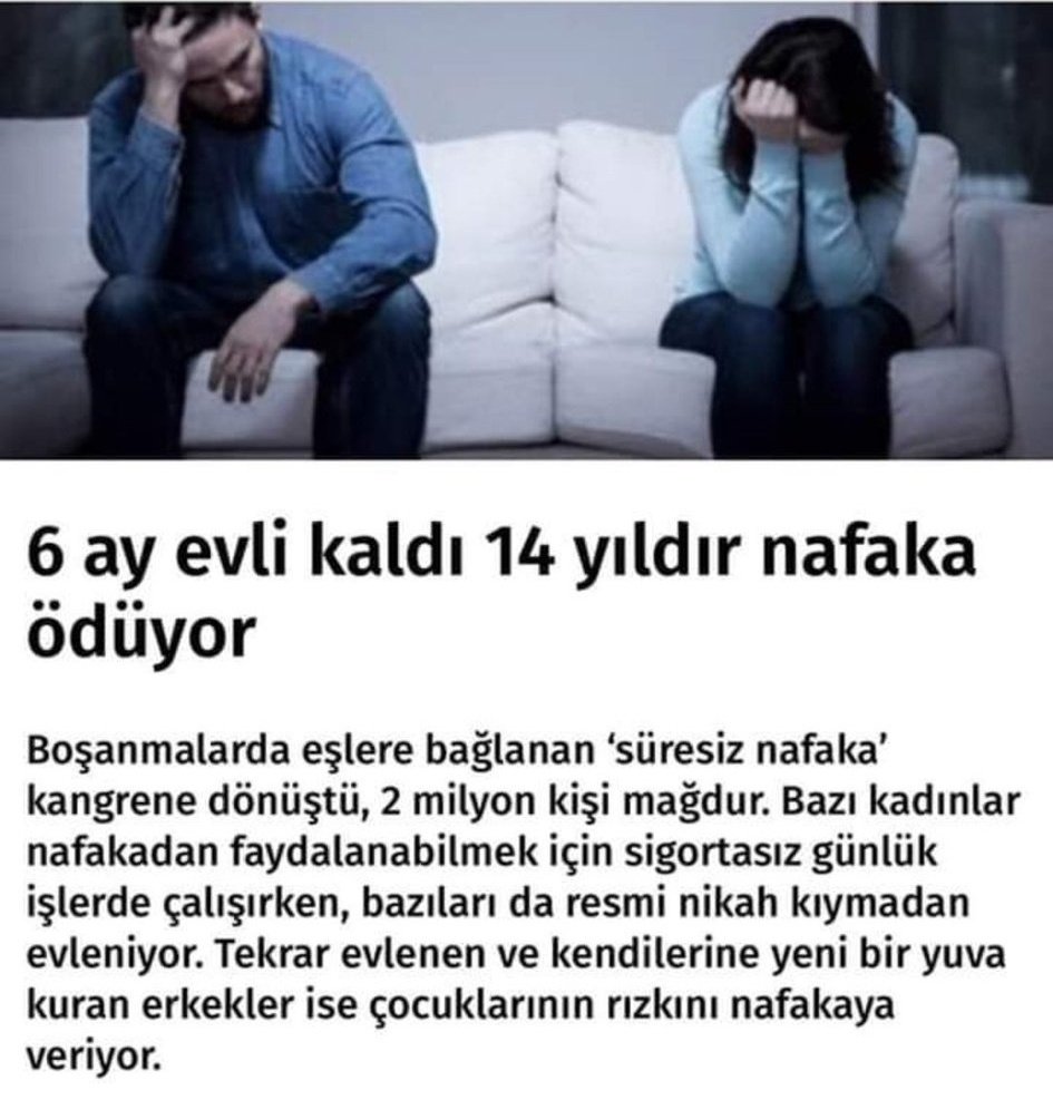 HER YASAL OLANI HELAL'Mİ SANDIN
Faiz 
Zina 
Haram olduğu gibi
#SüresizNafaka da Haramdır
Vebali yiyene ve bu yasaya göz yumanların üzerine olsun
<a href="/RTErdogan/">Recep Tayyip Erdoğan</a> <a href="/dbdevletbahceli/">Devlet Bahçeli</a> @ErbakanFatih <a href="/zyapicioglu/">Zekeriya Yapıcıoğlu</a> <a href="/Mustafa_Destici/">Mustafa Destici</a> <a href="/yilmaztunc/">Yılmaz TUNÇ</a> <a href="/Mahi_Nur/">Mahi_Nur</a> <a href="/_cevdetyilmaz/">Cevdet Yılmaz</a> <a href="/YildizFeti/">Feti Yıldız</a> <a href="/abdulhamitgul/">Abdulhamit Gül</a>