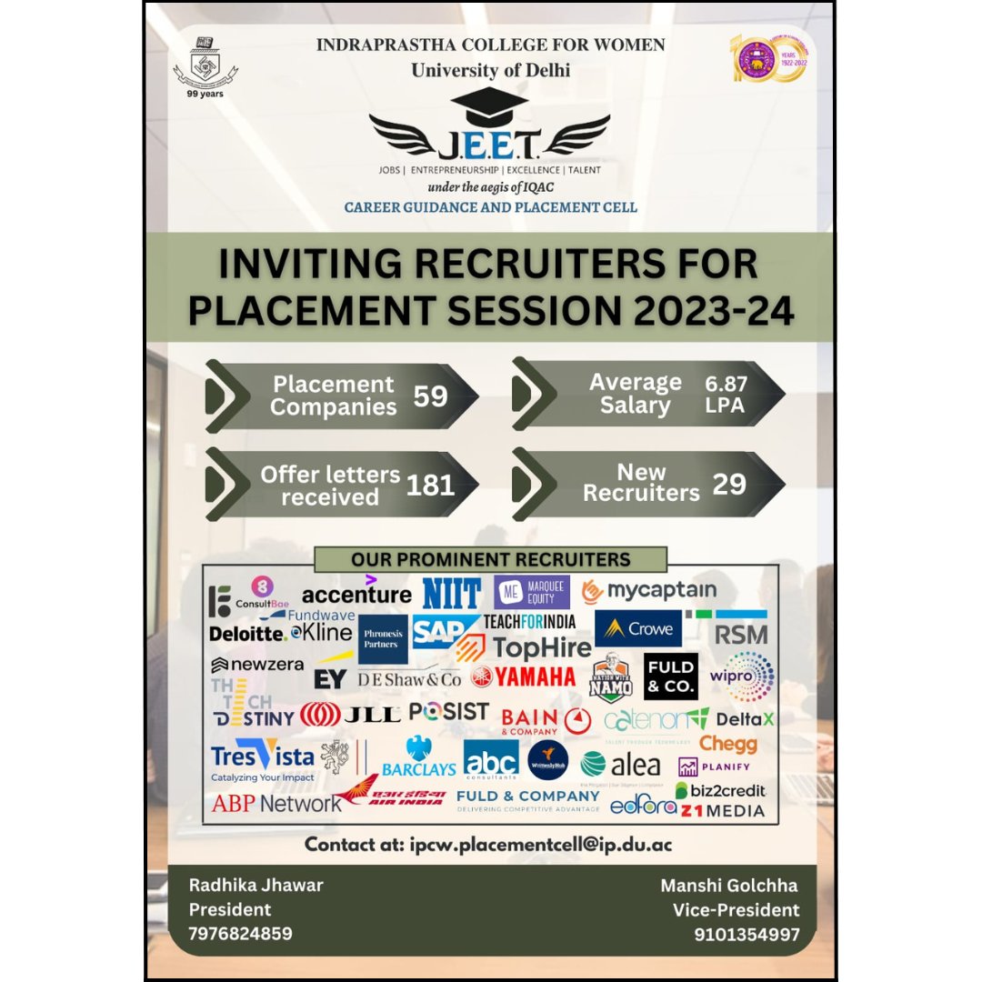 PCell_JEET_IPCW's tweet photo. J.E.E.T. - Career Guidance and Placement Cell, Indraprastha College for Women is excited to announce its Placement Session 2023-24. We extend a warm invitation to all esteemed recruiters to hire students from our college and be a part of this journey.

#PlacementCell #ipcw #du https://t.co/7vnPOMXXjc