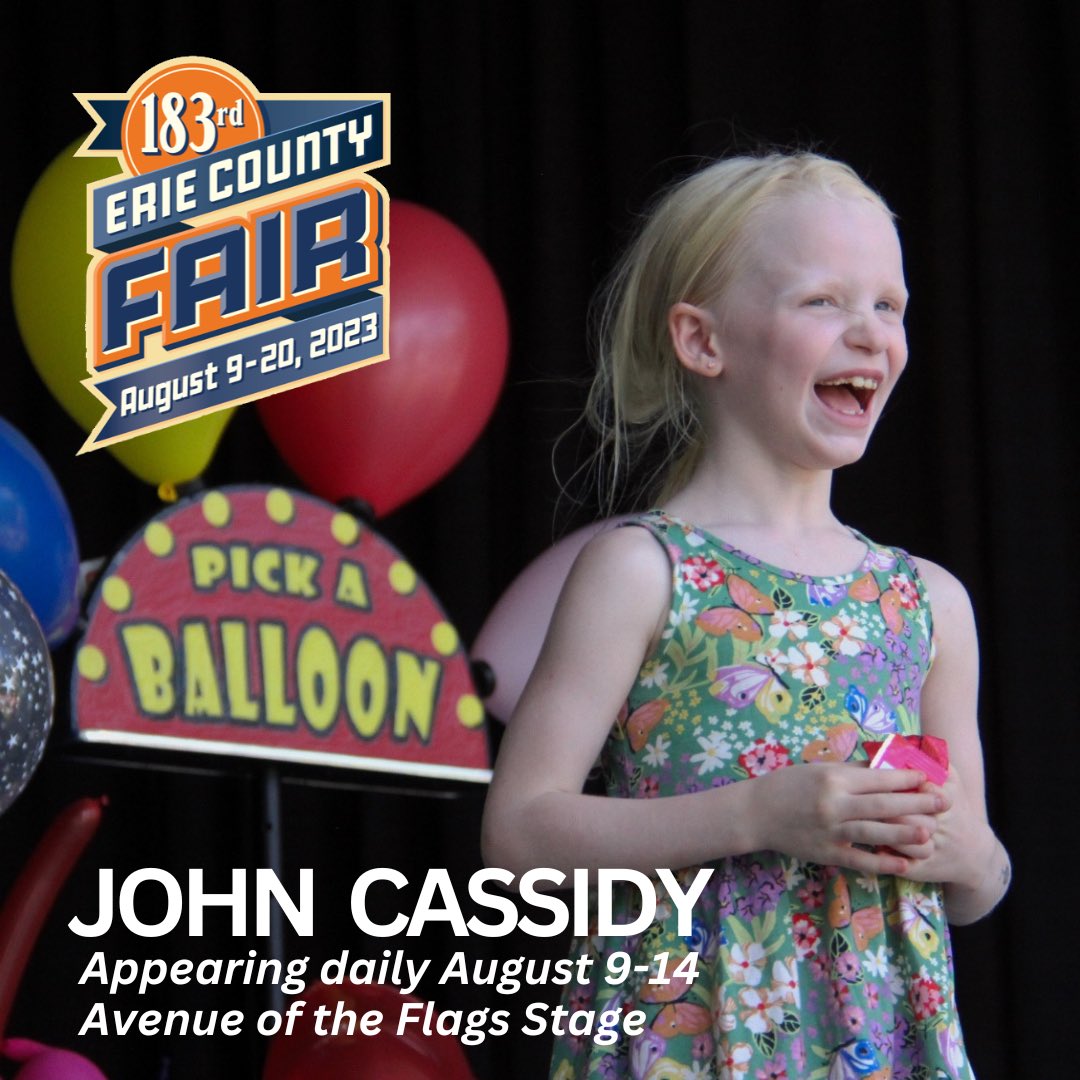 🎪 The Erie County Fair presents "Comedy, Magic and Really Weird Things with Balloons" featuring the incredible John Cassidy! 🤩 Join us on the Avenue of the Flags stage from August 9th-14th for shows at 2pm and 7pm daily! 🎈