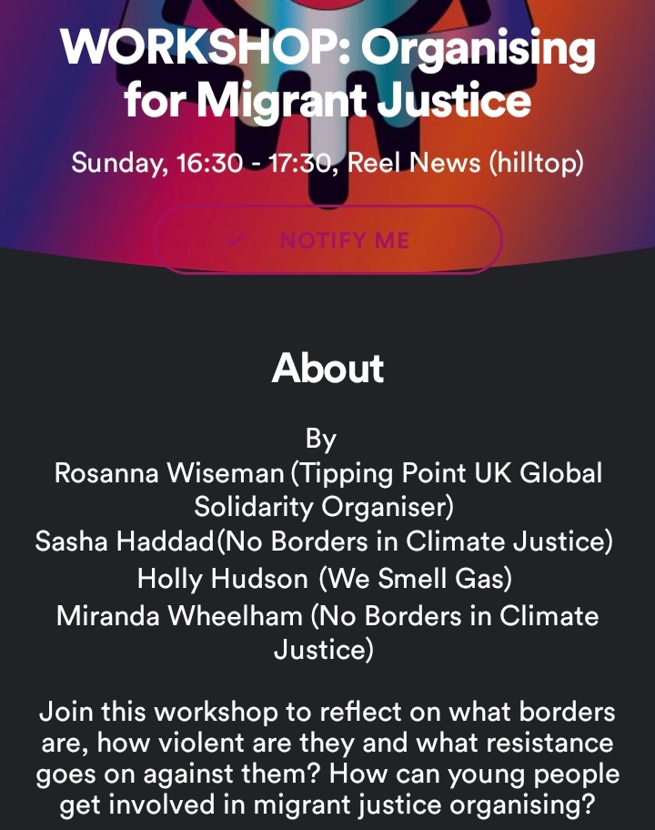 TippingPointorg's tweet photo. Today join our workshop at #Boomtown 4.30pm at the @ReelNewsLondon tent #Hillstop. We will discuss organising for Migrants Justice with contributions by @WeSmellGas and @NoBordersCJ
@BoomtownFair https://t.co/q9nMOKeV6U