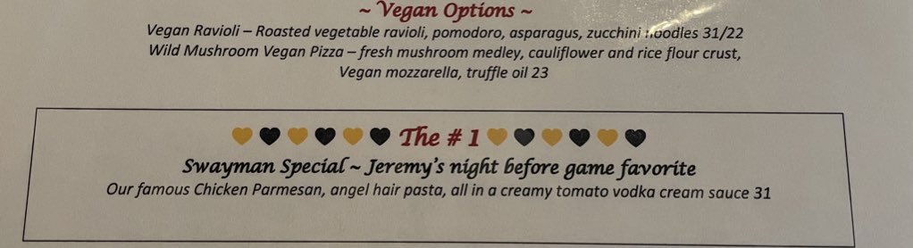 Joshua Linsenberg (@joshlinsenberg) on Twitter photo Went to Ray Bourque’s restaurant Tresca last night in Boston. I ordered the “Swayman Special.” It’s chicken parm with vodka sauce. Tresca said it is <a href="/JeremySwayman/">Jeremy Swayman</a> favorite meal the night before a game.
It was amazing 🔥!
<a href="/KevinWeekes/">Kevin Weekes</a> <a href="/JamisonCoyle/">Jamison Coyle</a> <a href="/Buccigross/">BucciOT.Com</a> <a href="/NHLBruins/">Boston Bruins</a> Went to Ray Bourque’s restaurant Tresca last night in Boston. I ordered the “Swayman Special.” It’s chicken parm with vodka sauce. Tresca said it is <a href="/JeremySwayman/">Jeremy Swayman</a> favorite meal the night before a game.
It was amazing 🔥!
<a href="/KevinWeekes/">Kevin Weekes</a> <a href="/JamisonCoyle/">Jamison Coyle</a> <a href="/Buccigross/">BucciOT.Com</a> <a href="/NHLBruins/">Boston Bruins</a>