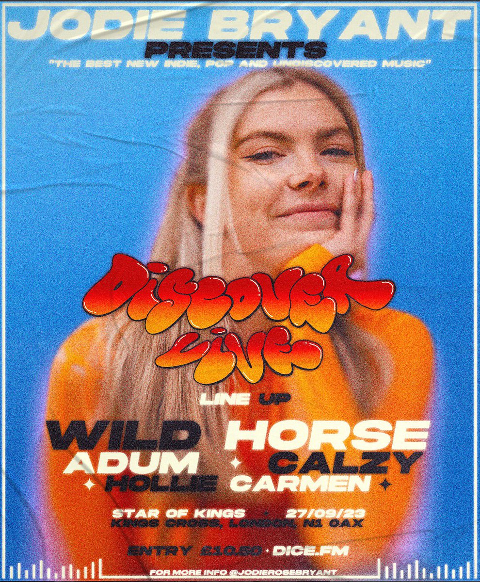Jodie Bryant (@jodierosebryant) on Twitter photo New everything🫢We’re levelling up to ‘Discover Live’ … here goes! 🤯
Sept 27th lineup ft. <a href="/wildhorserockuk/">Wild Horse</a> Adum, <a href="/holliecarmen/">holliecarmen</a> <a href="/Calzy93/">Calzy</a> some of the BEST emerging artists!
Grab tickets now via <a href="/dicefm/">DICE</a> // the link in my bio 🔗 see you there
#events #livemusic #newmusic New everything🫢We’re levelling up to ‘Discover Live’ … here goes! 🤯
Sept 27th lineup ft. <a href="/wildhorserockuk/">Wild Horse</a> Adum, <a href="/holliecarmen/">holliecarmen</a> <a href="/Calzy93/">Calzy</a> some of the BEST emerging artists!
Grab tickets now via <a href="/dicefm/">DICE</a> // the link in my bio 🔗 see you there
#events #livemusic #newmusic