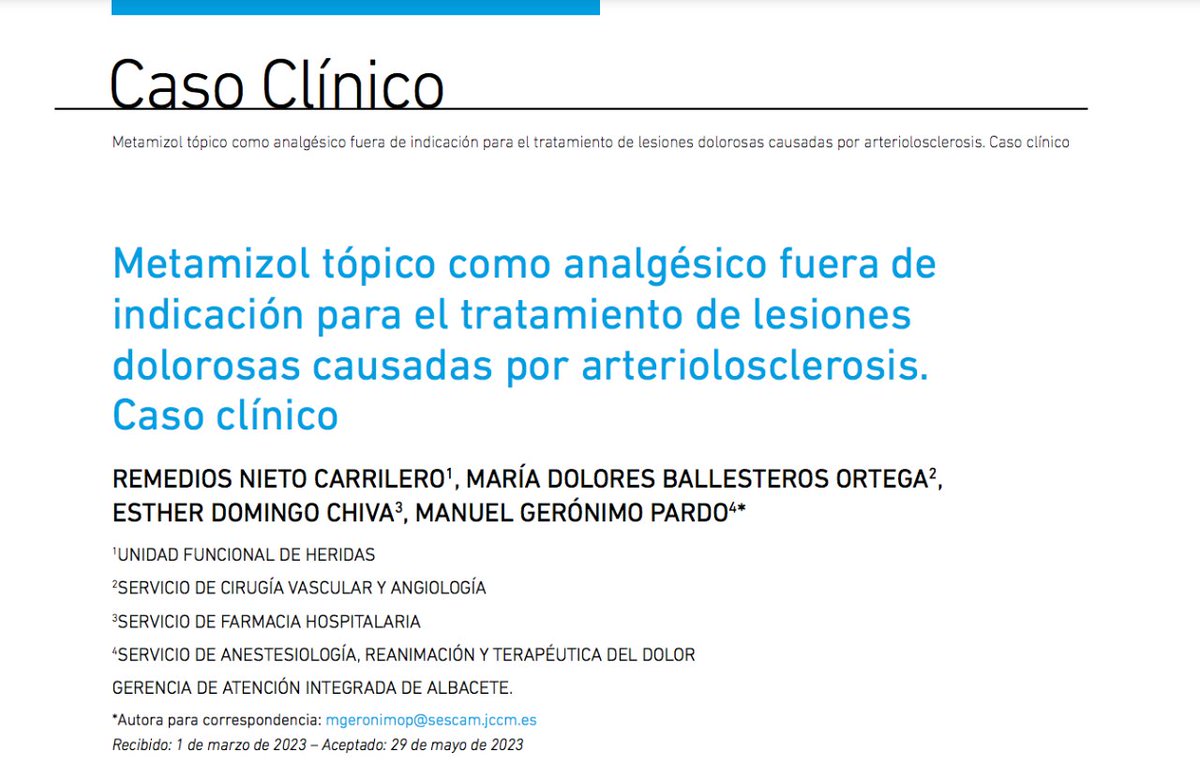 Metamizol tópico como analgésico fuera de indicación para el tratamiento de lesiones dolorosas causadas por arteriolosclerosis. mtr.cool/rpzpbehgpx