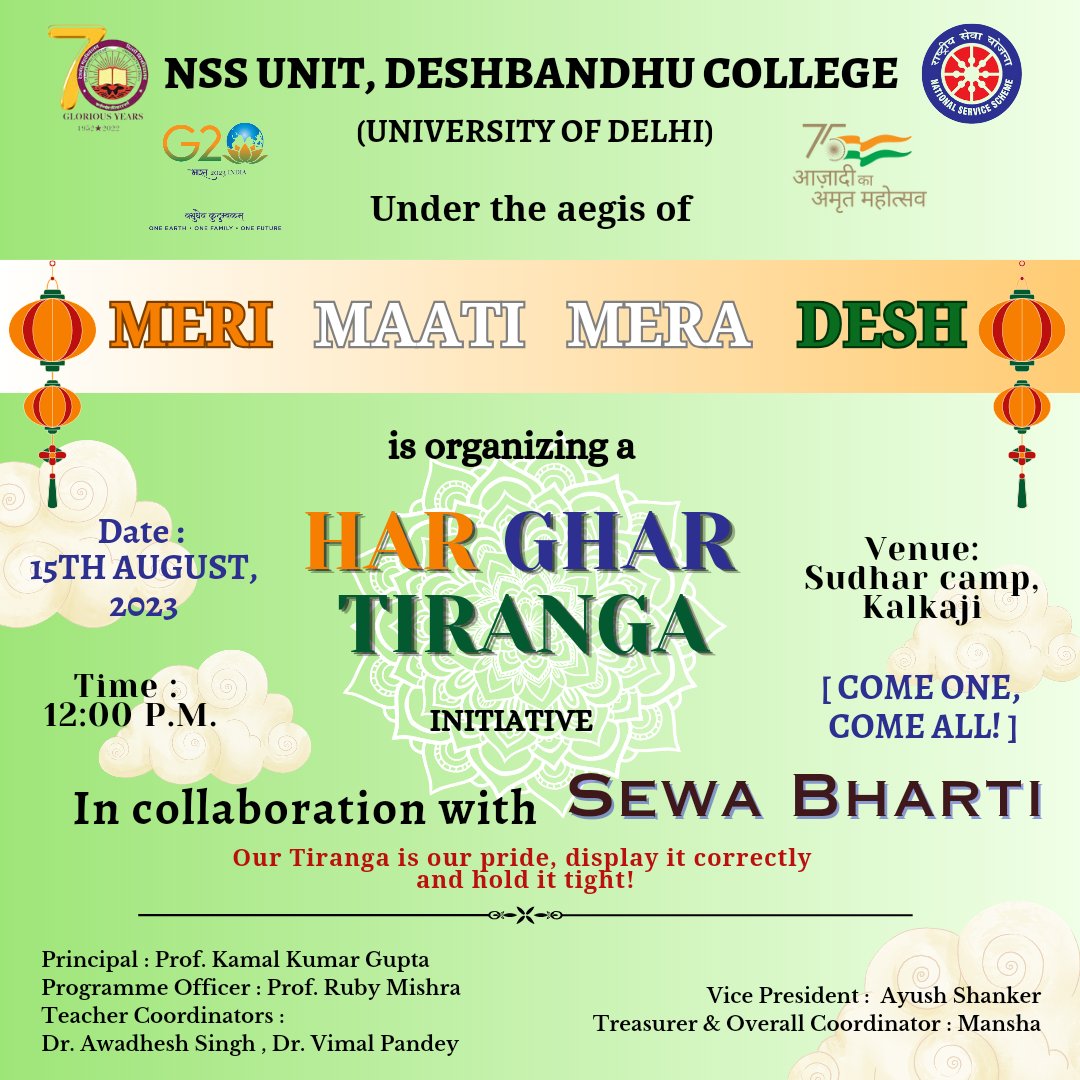 NssunitDbc's tweet photo. Details of the event :-
• Date: 15th August, 2023
• Time : 12:00 P.M. 
• Venue : Sudhar Camp, Kalkaji https://t.co/SJByrO8Kh6