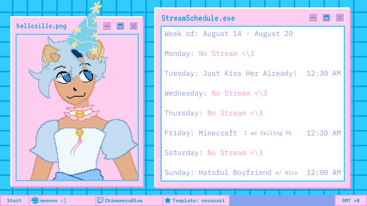 schedule for the week!!! 💝🔔

WOO i will pretend its still my birthday week <33 but i will be playing Just Kiss Her Already, practicing minecraft parkour (and exercising if i fail.), and playing Hatoful Boyfriend with <a href="/Neokiiss/">Nico</a> !!!!!

#Vtuber #ENVtuber