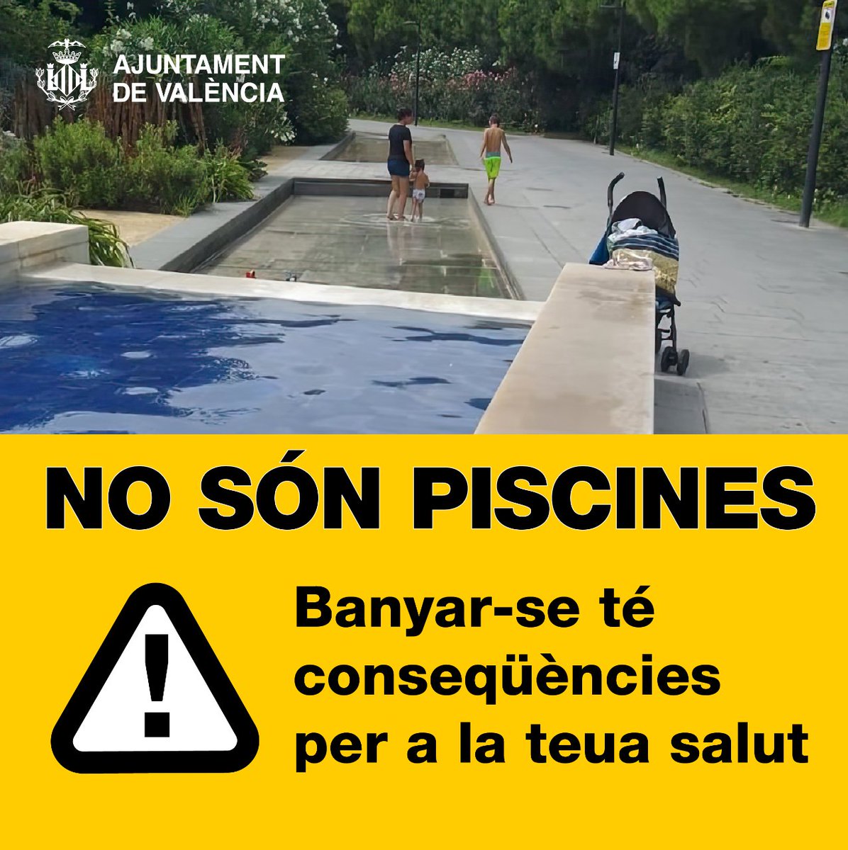AjuntamentVLC's tweet image. 💧 Les fonts ornamentals, estanys i làmines d&apos;aigua dels nostres #parcs i #jardins no són piscines comunitàries. ⛔️ Et recordem que no està permés el bany de persones ni mascotes. 👮 L&apos;incompliment d&apos;esta norma pot implicar sancions econòmiques fins a 750€.