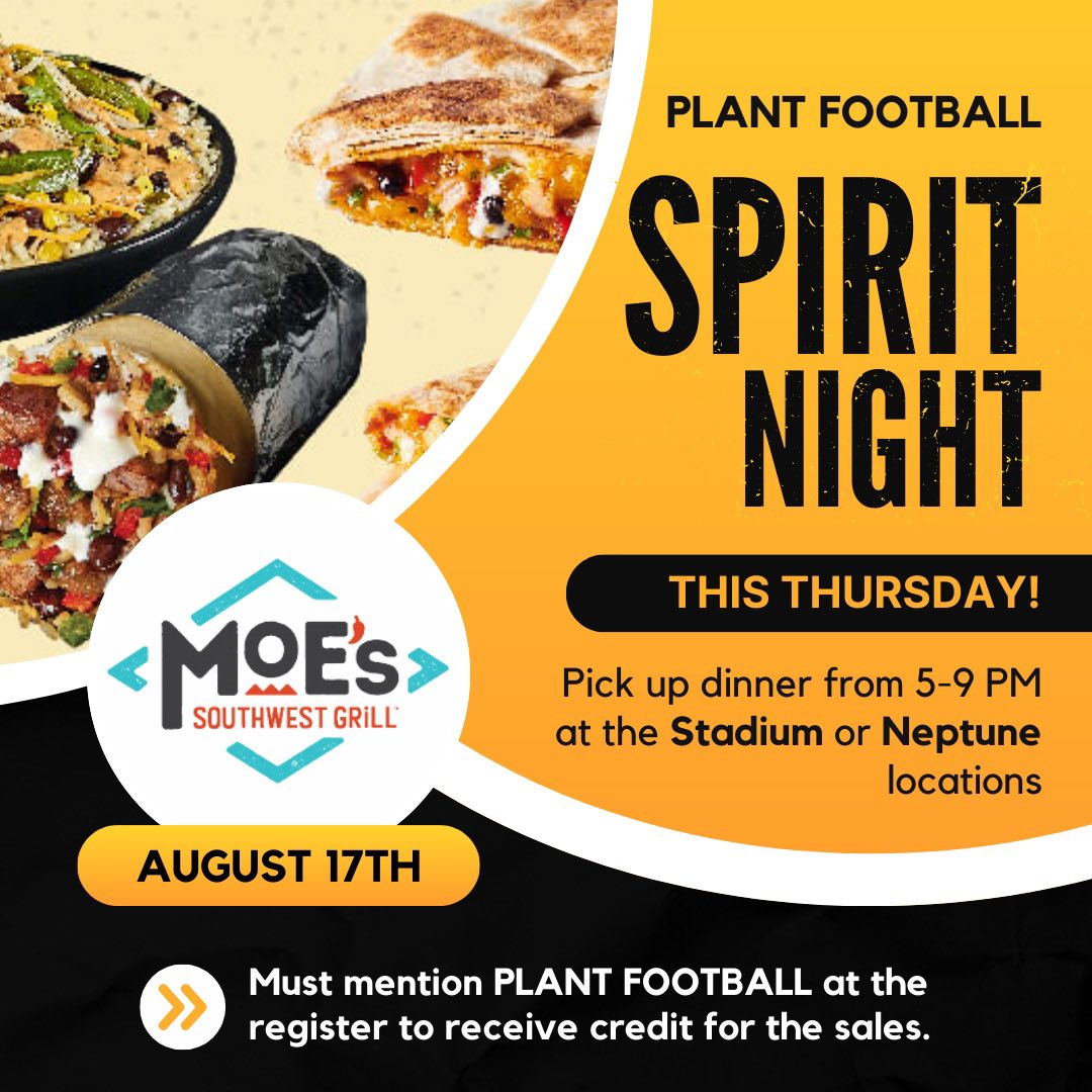 plantpanthersfb's tweet photo. Planning your dinners this week? Make sure to add Moe’s for Thursday night and support Plant 🏈! And don’t forget to attend the Kick Off Classic this Friday night at Wharton. #beatwharton #TheAscent ↗️ https://t.co/7isywhgh9Y