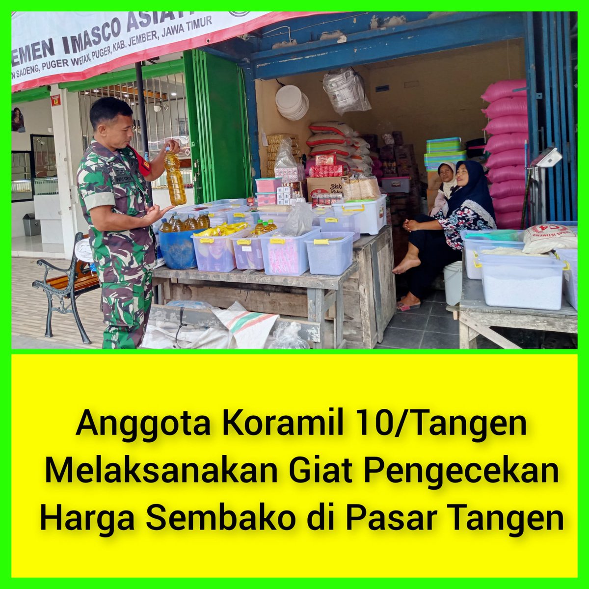 Babinsa Denanyar Sertu Suparno melaksanakan kegiatan pengecekan harga Sembako di Pasar Janglot, Desa Katelan, Kec.Tangen.