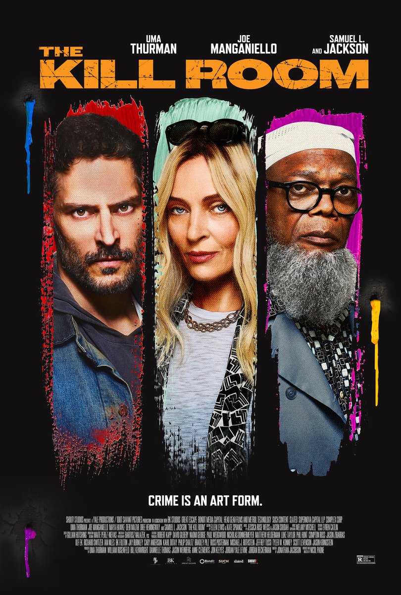 'the kill room' poster! uma thurman alongside joe manganiello and samuel l. jackson in a dark comedy thriller film. in theaters on september 28th.