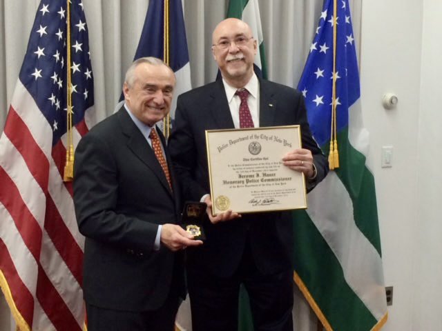 CommissBratton's tweet photo. I was very saddened to learn on Friday of the passing of Jerry Hauer, my great friend and professional colleague for more than 30 years. His beloved wife, Tracey, called me to let me know he passed peacefully at home after battling cancer for several years. Throughout that long fight, always a team player, he continued to work remotely with his colleagues here at Teneo Risk serving our clients. 

We first met in 1995 while I was serving as NYPD Commissioner and he had just been appointed the first Director of the newly created New York Mayor’s Office of Emergency Management. We subsequently worked together in the private sector at the Kroll Investigative firm where we worked closely during 9/11. For the last seven years we worked here at @Teneo.

These photos show Jerry being appointed an honorary Police Commissioner by me in 2016 and an honorary Fire Commissioner by then-Fire Commissioner Dan Nigro in the same year. I believe he may have been the only recipient of both honors. 

He served his country, his state, his city, and his clients honorably and faithfully while loving his family with all his heart. We will all miss him tremendously. He was the best.
