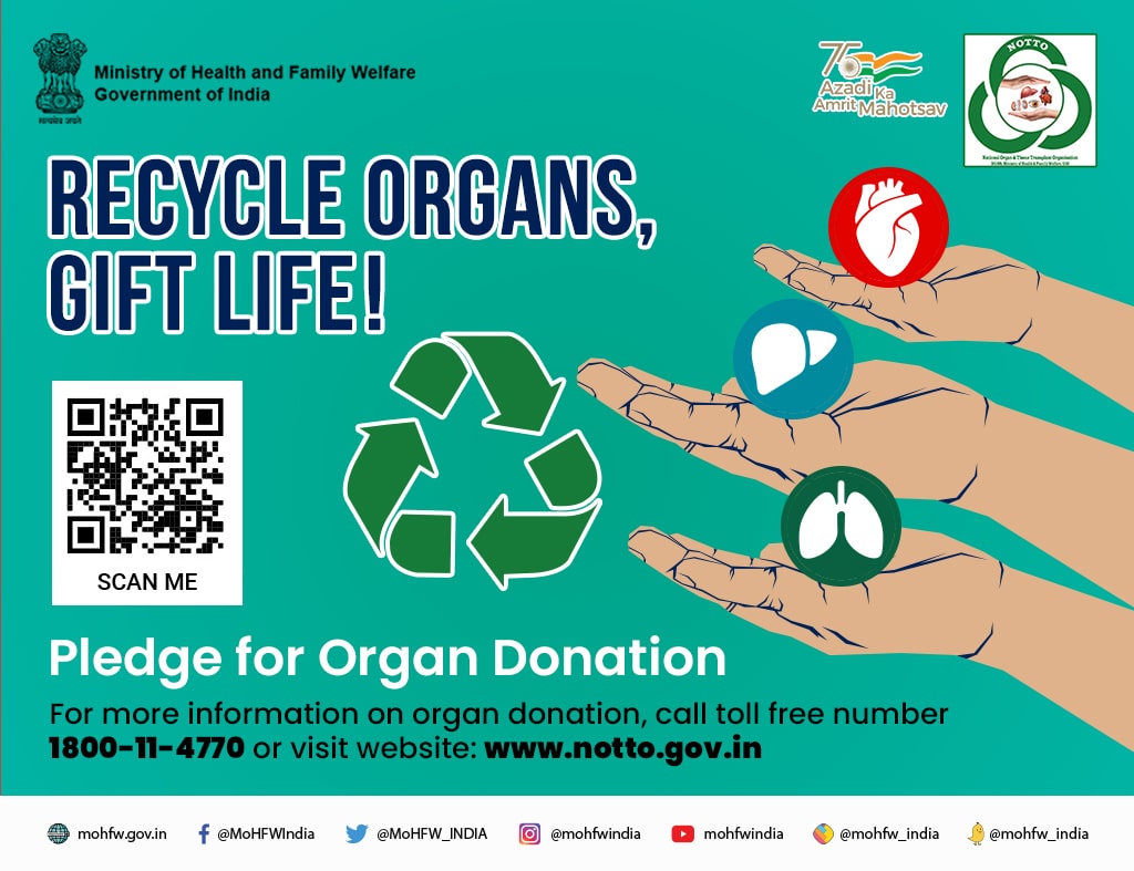 #OrganDonation is the greatest act of generosity! Just one donor can save the lives of more than 8 people and improve the quality of life of many others. Pledge to be an organ donor today. #SwasthaBharat #AzadiKaAmritMahotsav