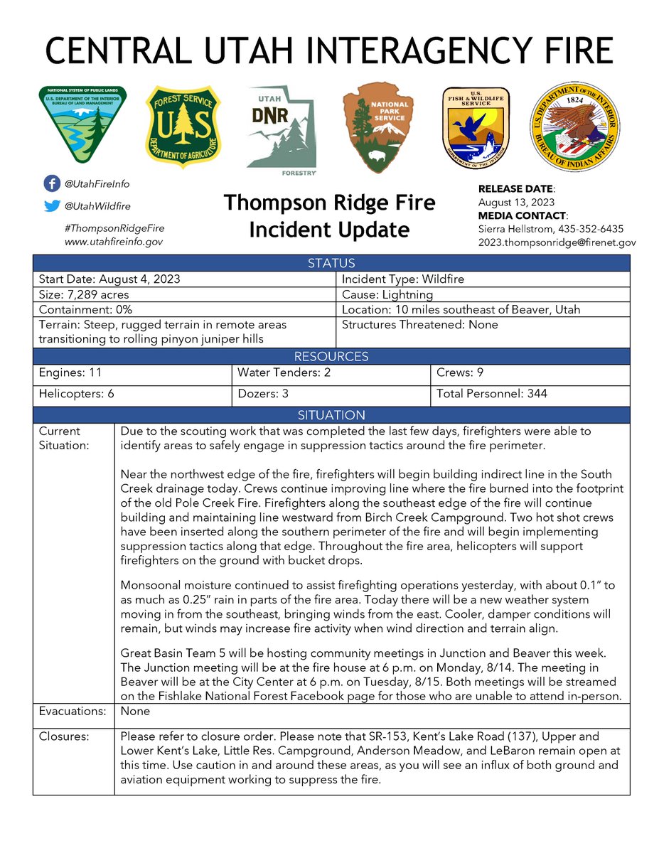 UtahWildfire's tweet photo. #ThompsonRidgeFire Update Aug. 13, 2023
7,289 acres and 0% contained. Monsoonal moisture continued to assist firefighting operations yesterday, with about 0.1” to as much as 0.25” rain in parts of the fire area.
@FishlakeNF https://t.co/8KZI8uG4sa
