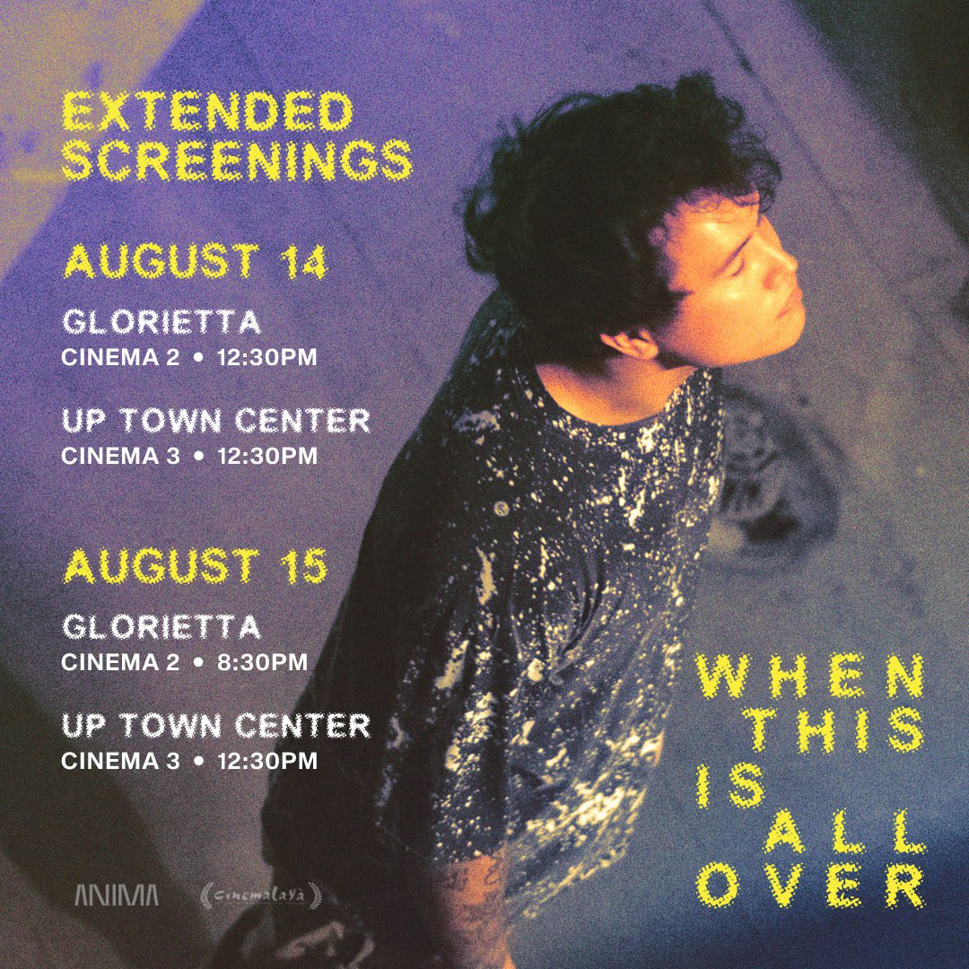 animastudiosph's tweet image. More cinemas to watch the extended run of When This Is All Over in Cinemalaya Independent Film Festival 2023!

Here&apos;s the updated screening schedule for Aug. 14 and 15! Get your tickets before it&apos;s too late!

AYALA CINEMAS:
sureseats.com/theaters/movie…

#WhenThisIsAllOver