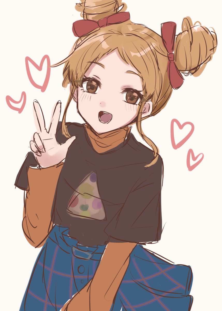 1girl solo skirt brown eyes hair bun double bun heart  illustration images