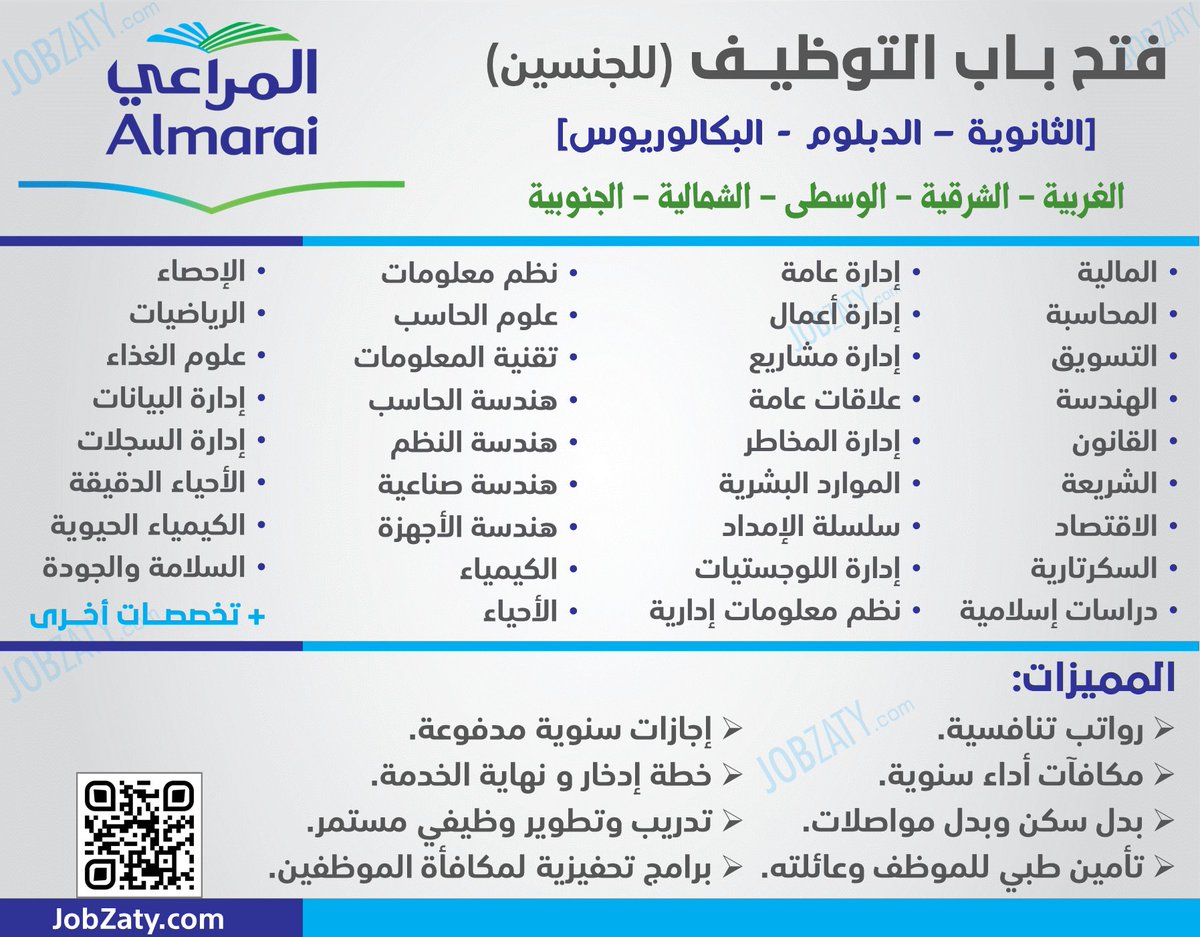 JobZatyCom's tweet photo. 🔴 فتح التوظيف المباشر (للثانوي فأعلى) لدى (المراعي) للرجال والنساء، في مناطق (الوسطى، الغربية، الشرقية، الجنوبية، الشمالية):

🔹 الثانوي، الدبلوم، البكالوريوس.
🔹 تشمل وظائف لا تشترط الخبرة.
🔹 تخصصات (إدارية، قانونية، هندسية، تقنية، فنية، إلخ).

تفاصيل (https://t.co/dzCgypCfR4) https://t.co/0kCuElXKBH