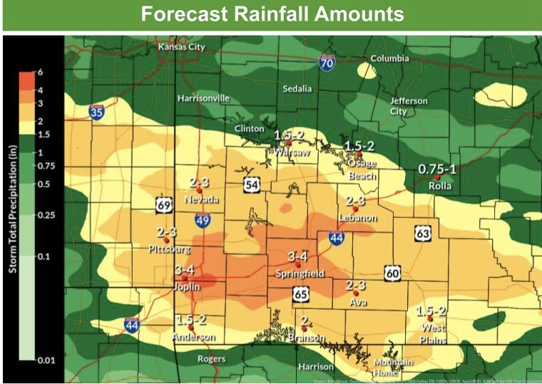 MoSEMA_'s tweet photo. Severe ⛈️ &amp; heavy rain likely across southwest &amp; south central MO tonight with amounts of 5+ inches possible locally. Flash flooding &amp; all severe weather modes possible! 

▶️ Have a sheltering plan in place
▶️ Know how you’ll receive #MoWx alerts 
▶️ Turn around, don’t drown! https://t.co/q6BS4L0deQ