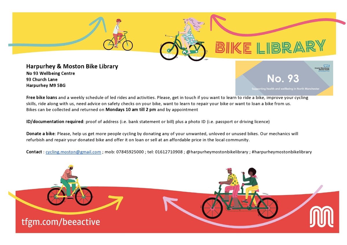 Visit the Bike library tomorrow 10 am till 2 pm for free bike loans, safety bike checks, advise on cycling training&amp;rides @ no.93 wellbeing centre in #Harpurhey 🚲🛠❤️

#beeactive #hmbikelibrary #womenmechanics @OfficialTfGM <a href="/TNLComFund/">The National Lottery Community Fund</a>