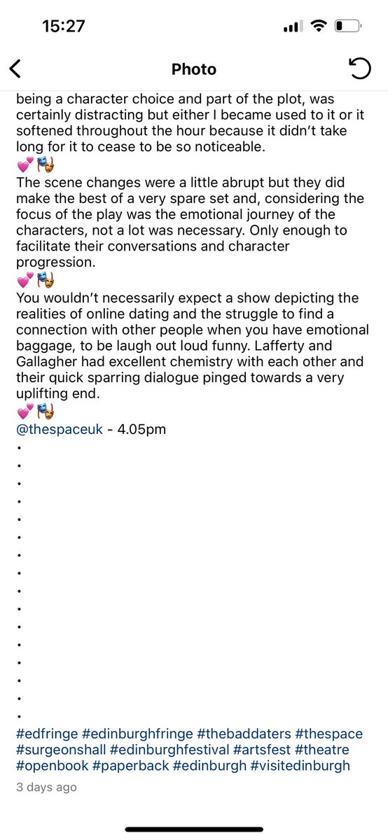 Lafferty1Sarah's tweet photo. Thanks to The Roaming Reader for her wonderful review and a special thanks to all the audience reviews on https://t.co/Rw2hwWla1K. Our shows have been selling out so far, so we have 13 more to go. Thanks for all your support 😊 #reviews #theroamingreader #thebaddaters #edfringe https://t.co/nkurvGYdE4